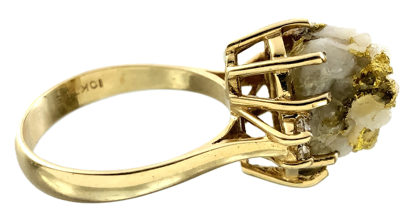 10K Yellow Natural Gold Vein 24K Nuggets Embedded in Quartz Set in Claw Mount Stone Size 6.5 Ring AU412