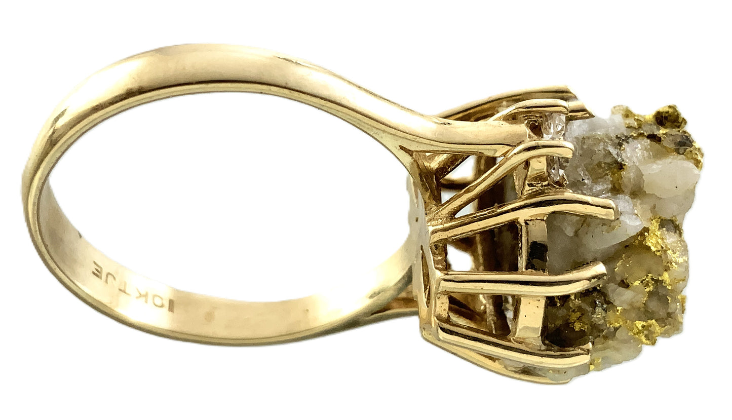 10K Yellow Natural Gold Vein 24K Nuggets Embedded in Quartz Set in Claw Mount Stone Size 6.5 Ring AU412