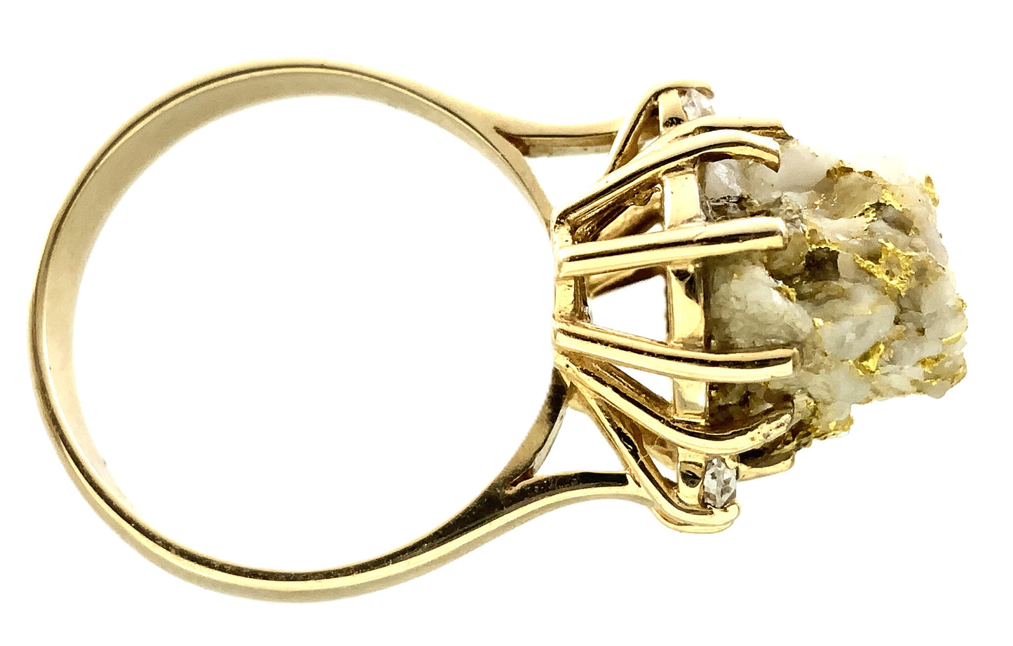 10K Yellow Natural Gold Vein 24K Nuggets Embedded in Quartz Set in Claw Mount Stone Size 6.5 Ring AU412