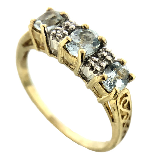 10K Yellow 3 Oval Aquamarine Gemstones Filigree Scrollwork Band Size 6.5 Ring AU413