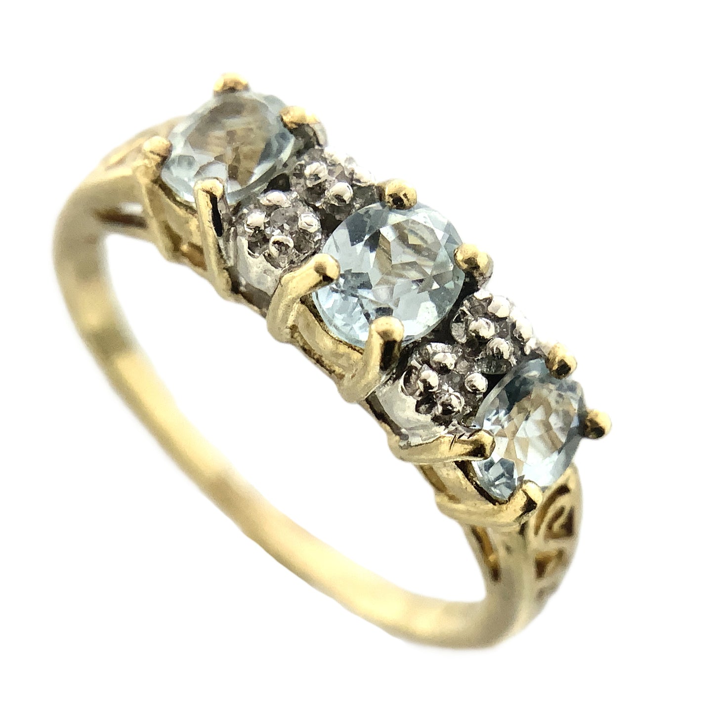 10K Yellow 3 Oval Aquamarine Gemstones Filigree Scrollwork Band Size 6.5 Ring AU413