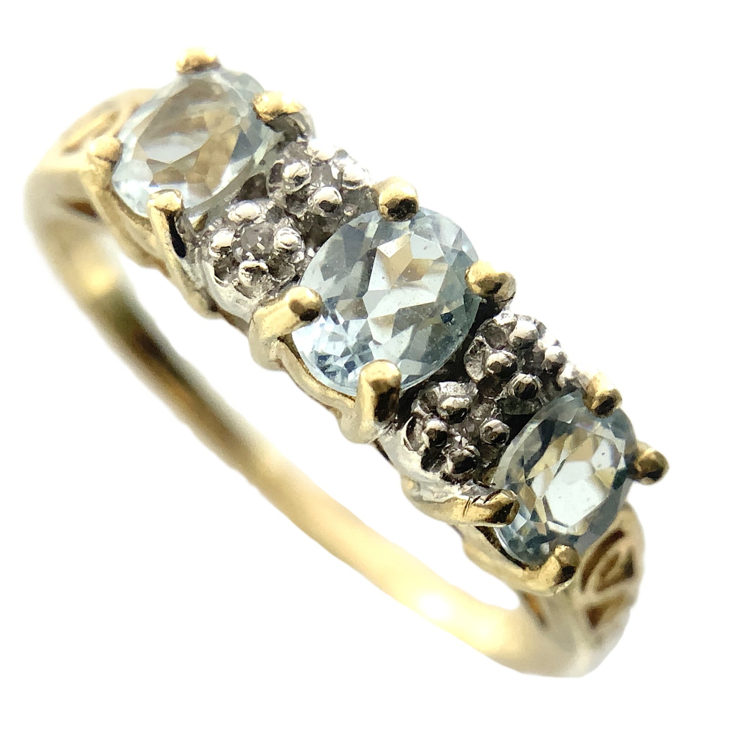 10K Yellow 3 Oval Aquamarine Gemstones Filigree Scrollwork Band Size 6.5 Ring AU413