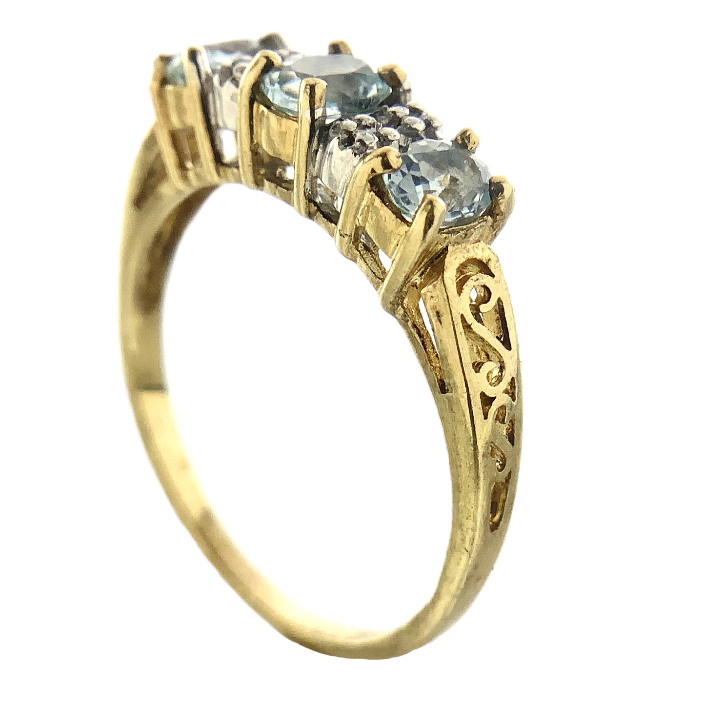 10K Yellow 3 Oval Aquamarine Gemstones Filigree Scrollwork Band Size 6.5 Ring AU413