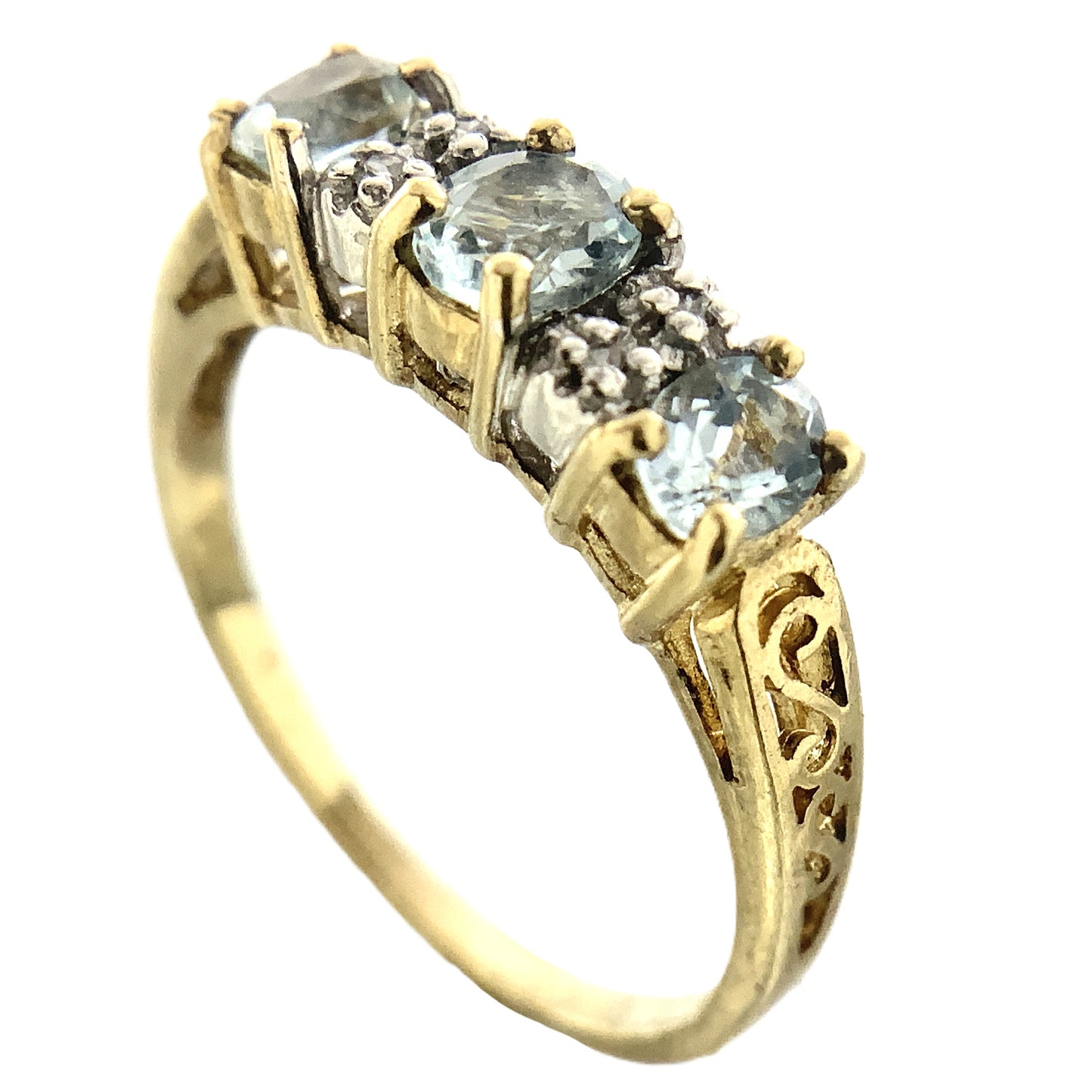 10K Yellow 3 Oval Aquamarine Gemstones Filigree Scrollwork Band Size 6.5 Ring AU413