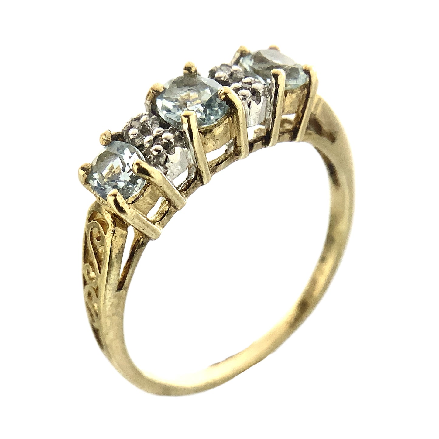 10K Yellow 3 Oval Aquamarine Gemstones Filigree Scrollwork Band Size 6.5 Ring AU413