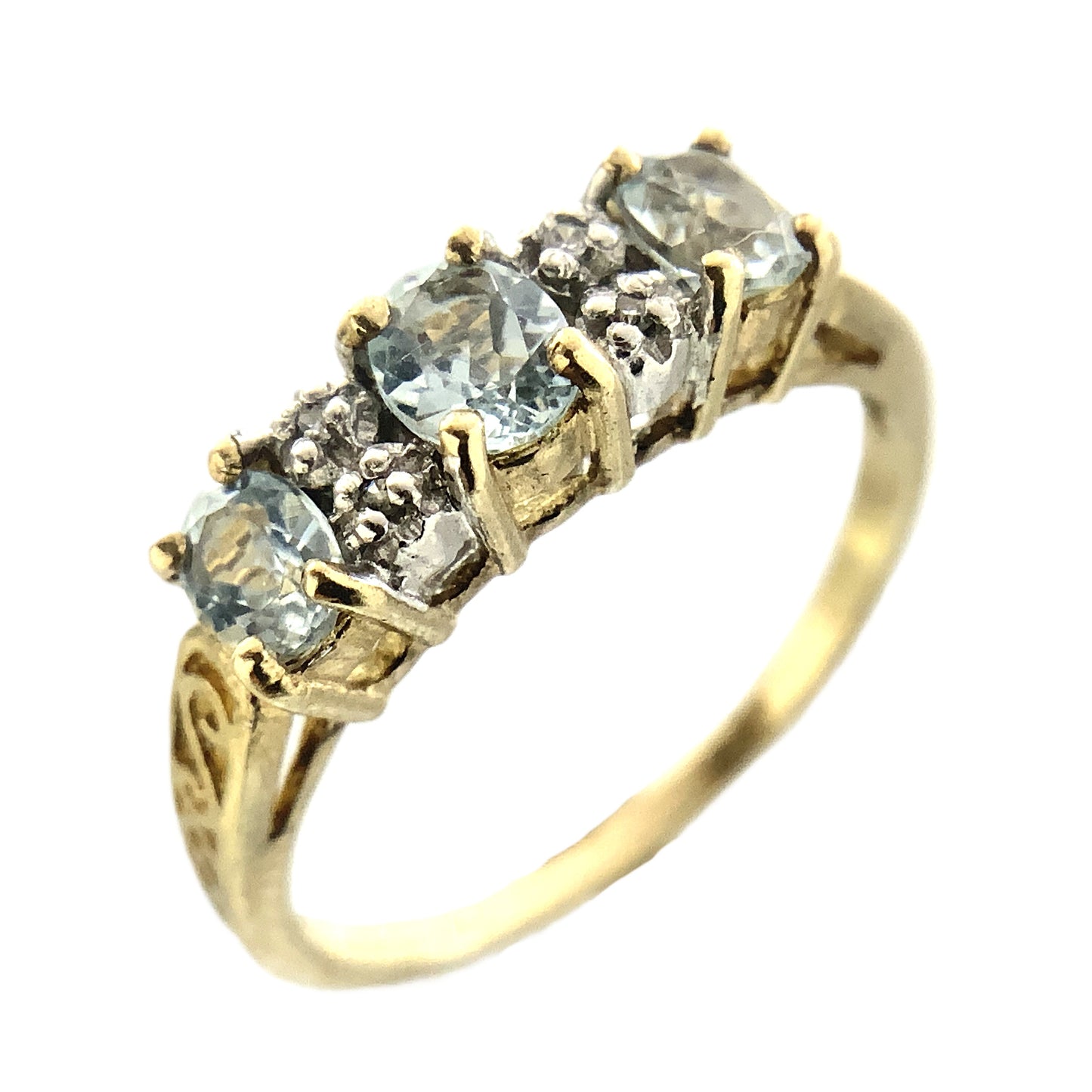 10K Yellow 3 Oval Aquamarine Gemstones Filigree Scrollwork Band Size 6.5 Ring AU413