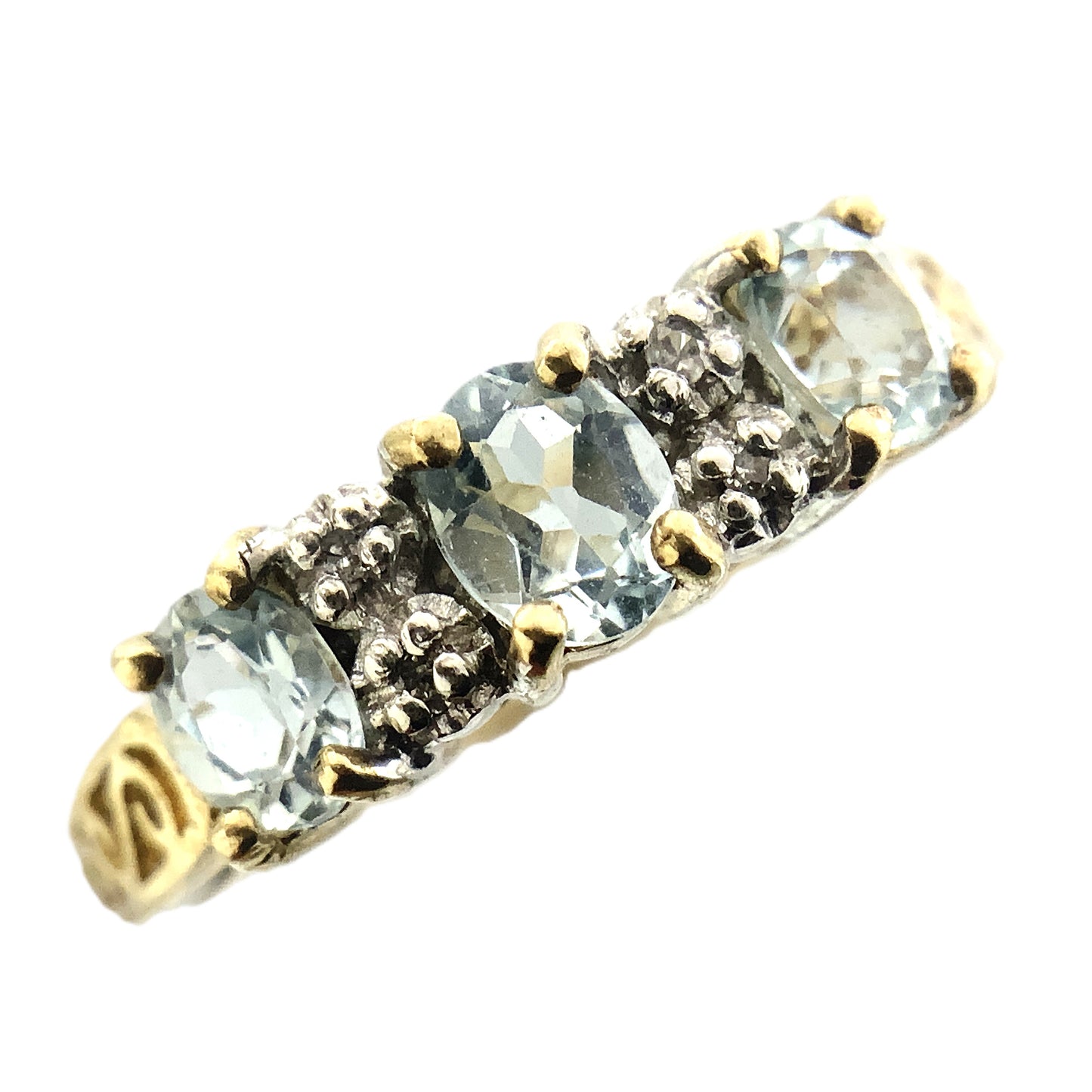 10K Yellow 3 Oval Aquamarine Gemstones Filigree Scrollwork Band Size 6.5 Ring AU413