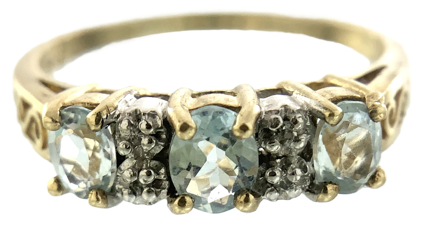 10K Yellow 3 Oval Aquamarine Gemstones Filigree Scrollwork Band Size 6.5 Ring AU413