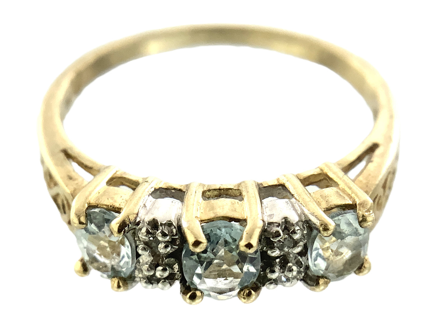 10K Yellow 3 Oval Aquamarine Gemstones Filigree Scrollwork Band Size 6.5 Ring AU413