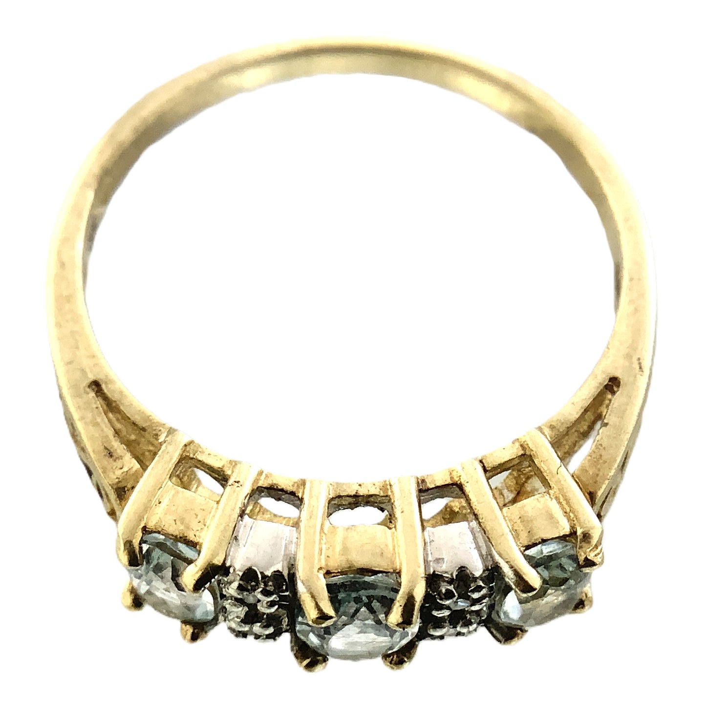 10K Yellow 3 Oval Aquamarine Gemstones Filigree Scrollwork Band Size 6.5 Ring AU413