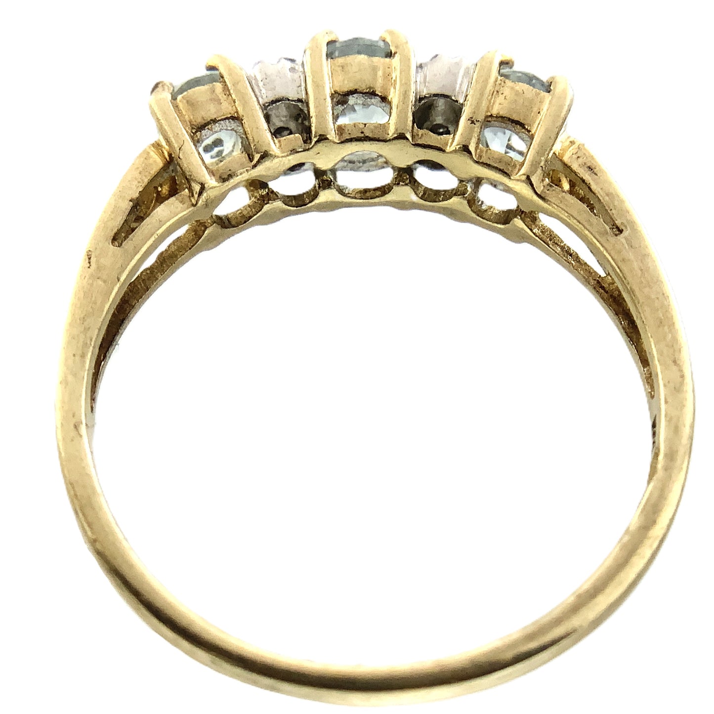 10K Yellow 3 Oval Aquamarine Gemstones Filigree Scrollwork Band Size 6.5 Ring AU413
