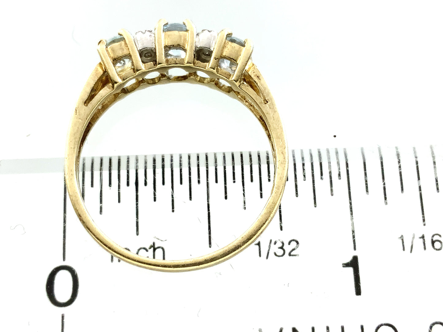 10K Yellow 3 Oval Aquamarine Gemstones Filigree Scrollwork Band Size 6.5 Ring AU413