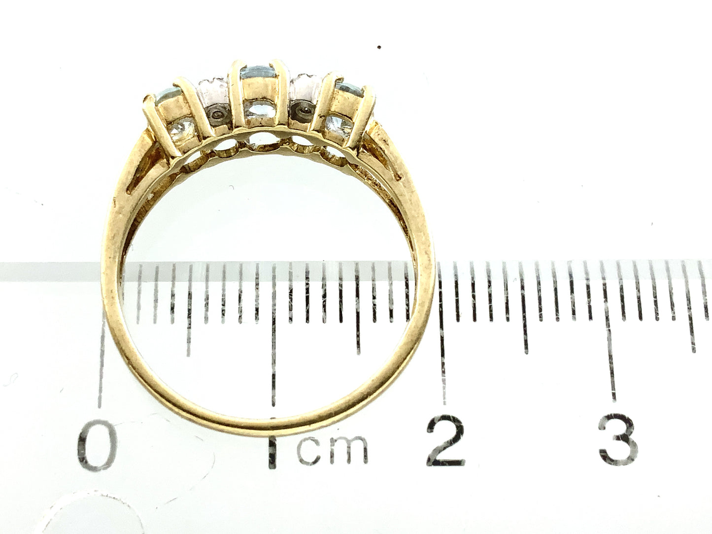 10K Yellow 3 Oval Aquamarine Gemstones Filigree Scrollwork Band Size 6.5 Ring AU413