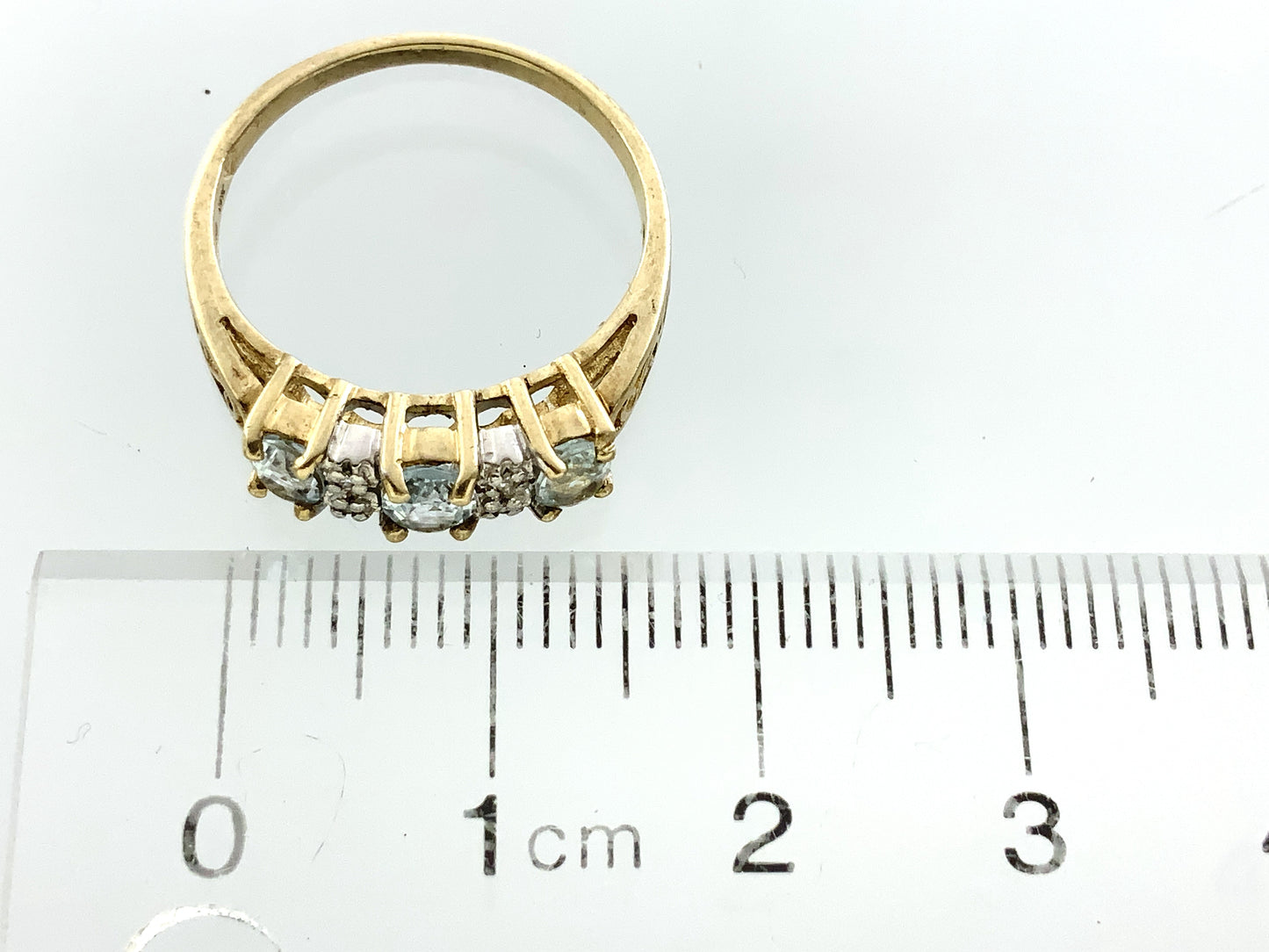 10K Yellow 3 Oval Aquamarine Gemstones Filigree Scrollwork Band Size 6.5 Ring AU413