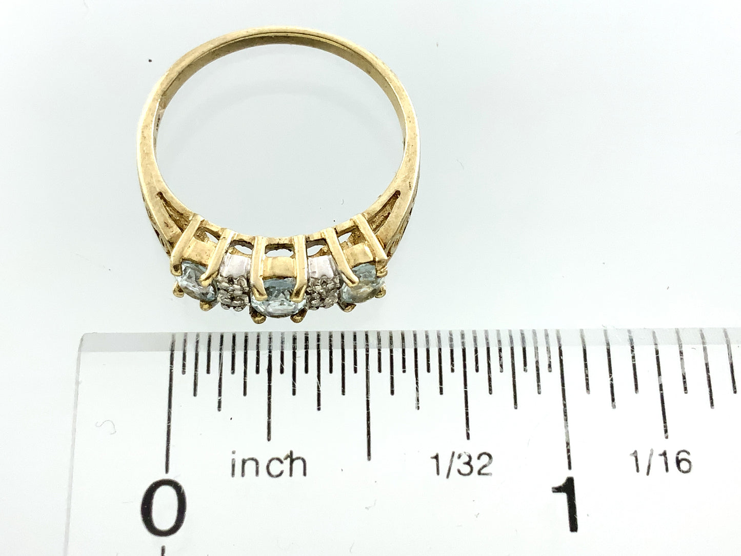 10K Yellow 3 Oval Aquamarine Gemstones Filigree Scrollwork Band Size 6.5 Ring AU413