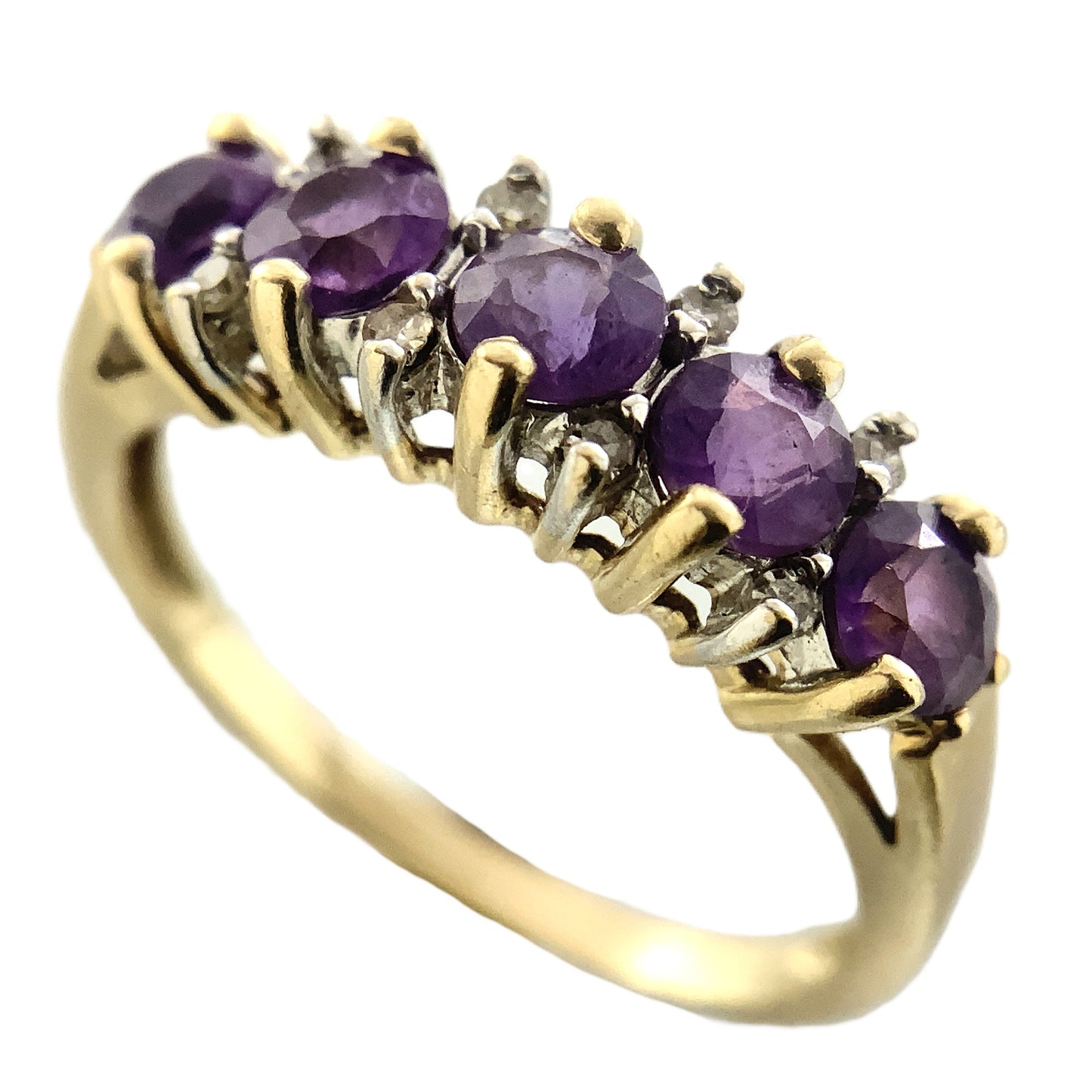 10K Yellow Gold 5 Stone Round Amethyst with Diamonds Accents .08 Total Carats Band Size 6.75 Ring AU415
