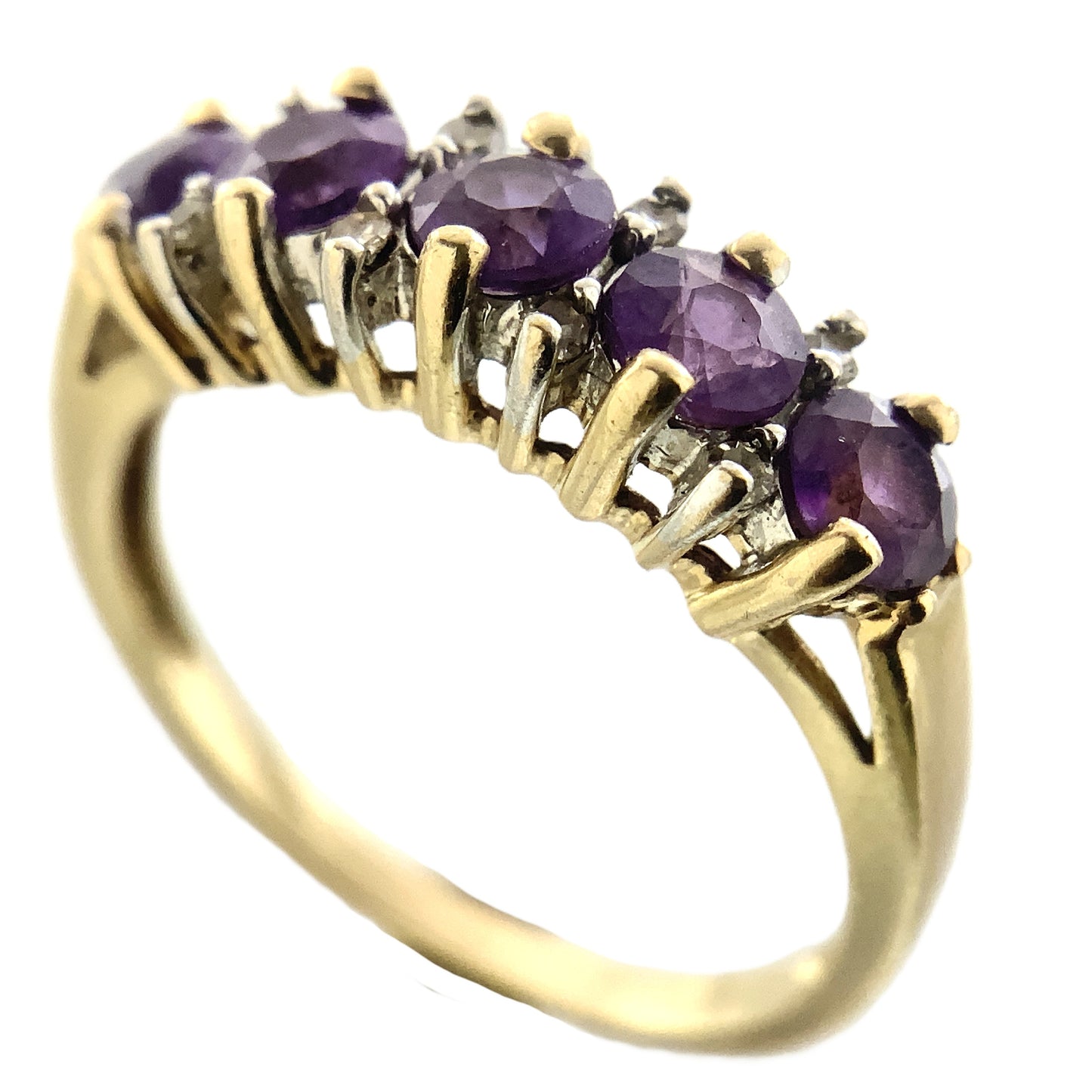 10K Yellow Gold 5 Stone Round Amethyst with Diamonds Accents .08 Total Carats Band Size 6.75 Ring AU415