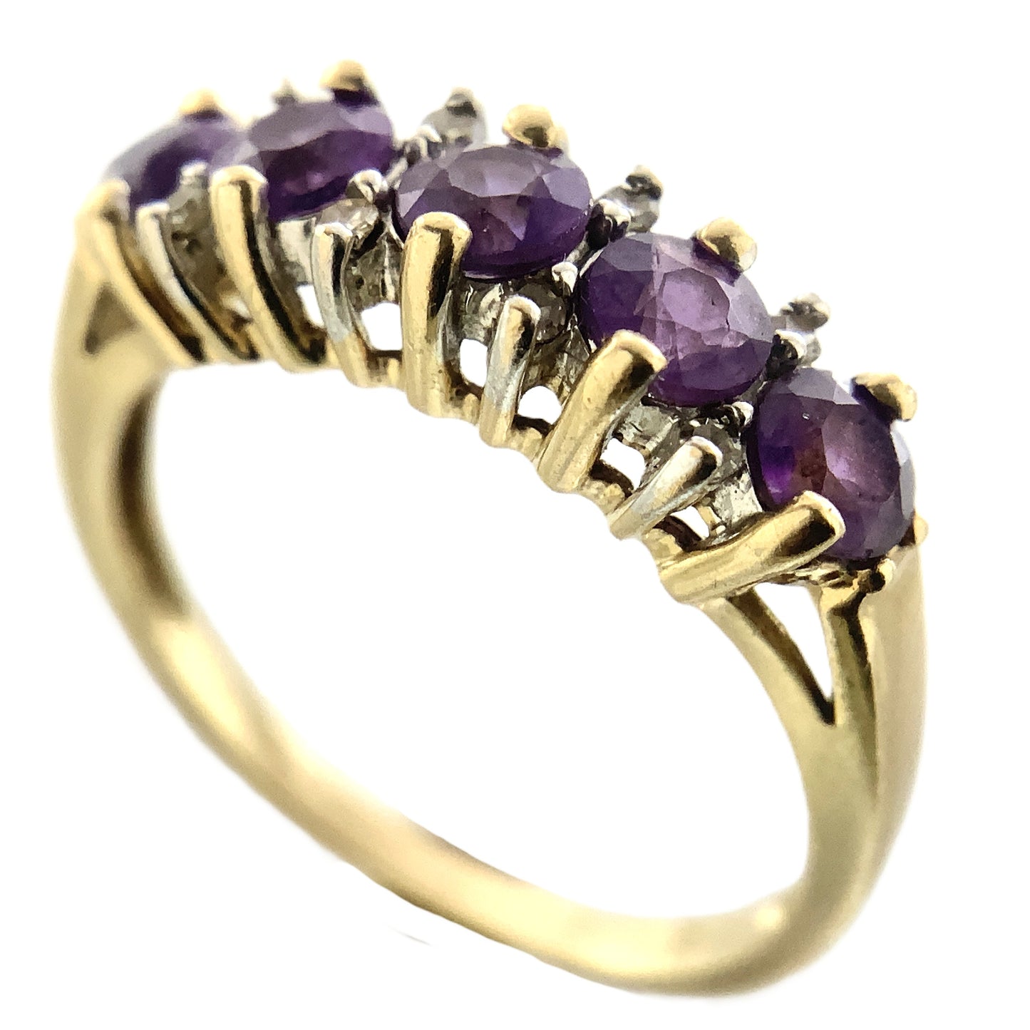 10K Yellow Gold 5 Stone Round Amethyst with Diamonds Accents .08 Total Carats Band Size 6.75 Ring AU415