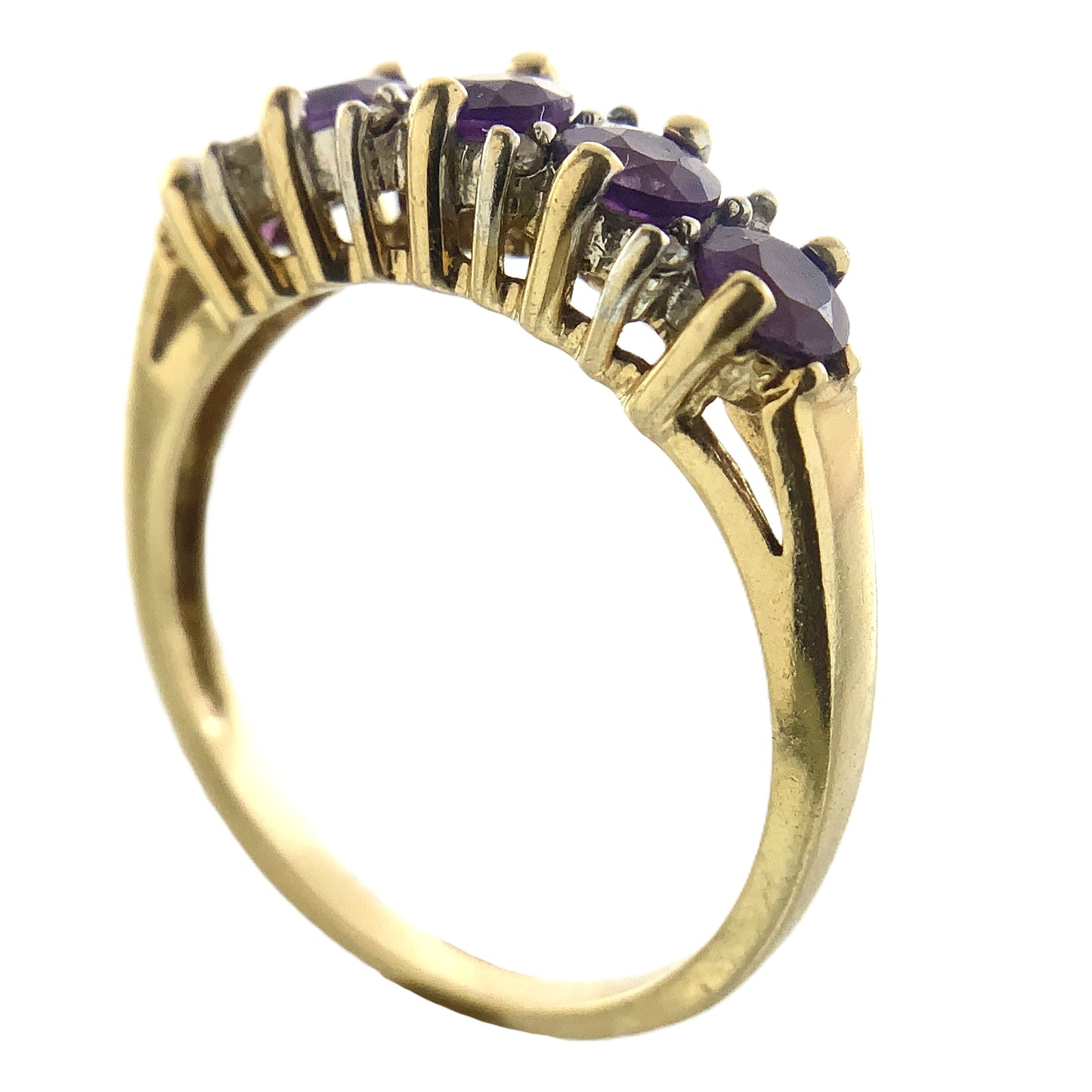 10K Yellow Gold 5 Stone Round Amethyst with Diamonds Accents .08 Total Carats Band Size 6.75 Ring AU415