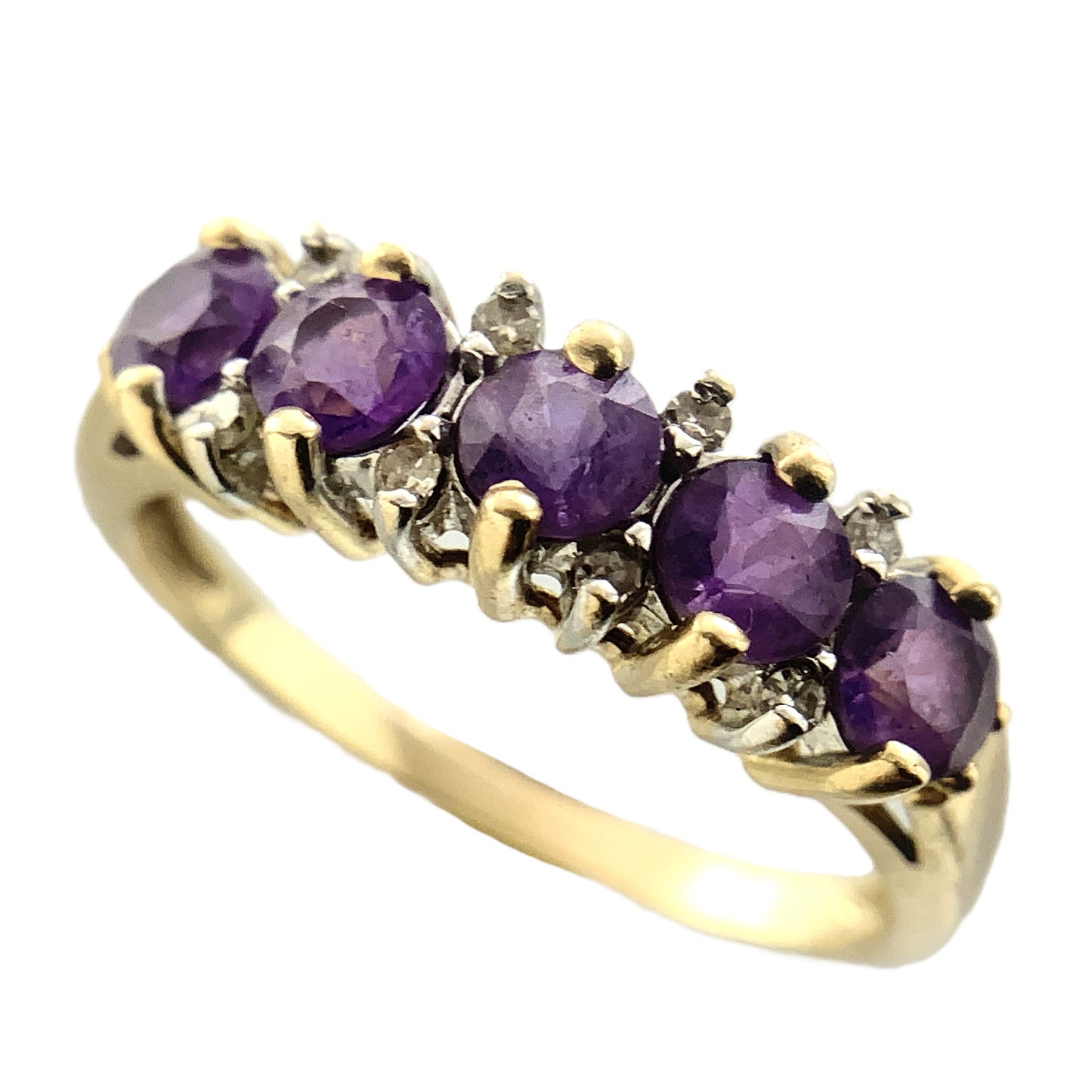 10K Yellow Gold 5 Stone Round Amethyst with Diamonds Accents .08 Total Carats Band Size 6.75 Ring AU415