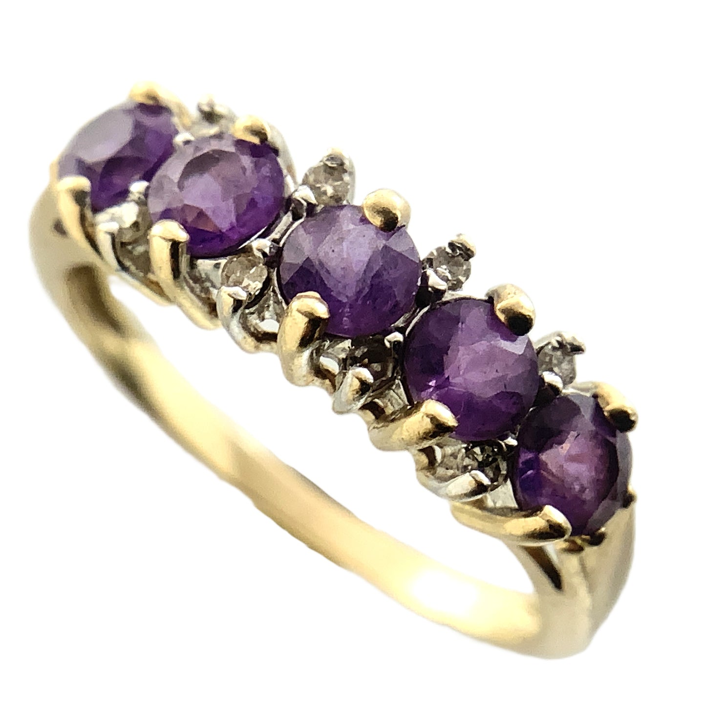 10K Yellow Gold 5 Stone Round Amethyst with Diamonds Accents .08 Total Carats Band Size 6.75 Ring AU415