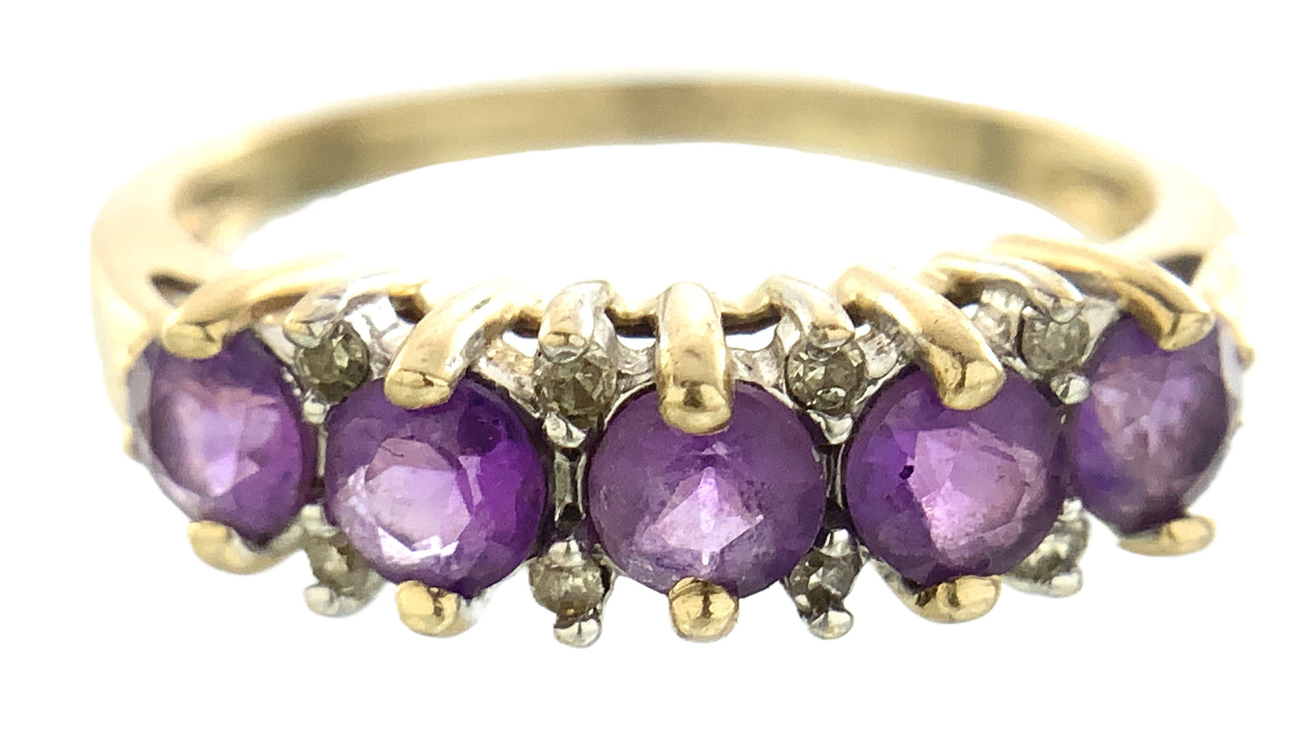 10K Yellow Gold 5 Stone Round Amethyst with Diamonds Accents .08 Total Carats Band Size 6.75 Ring AU415
