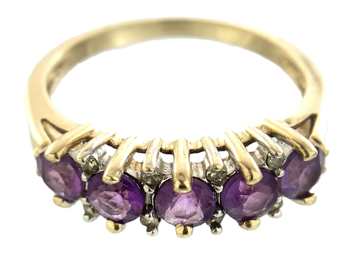 10K Yellow Gold 5 Stone Round Amethyst with Diamonds Accents .08 Total Carats Band Size 6.75 Ring AU415