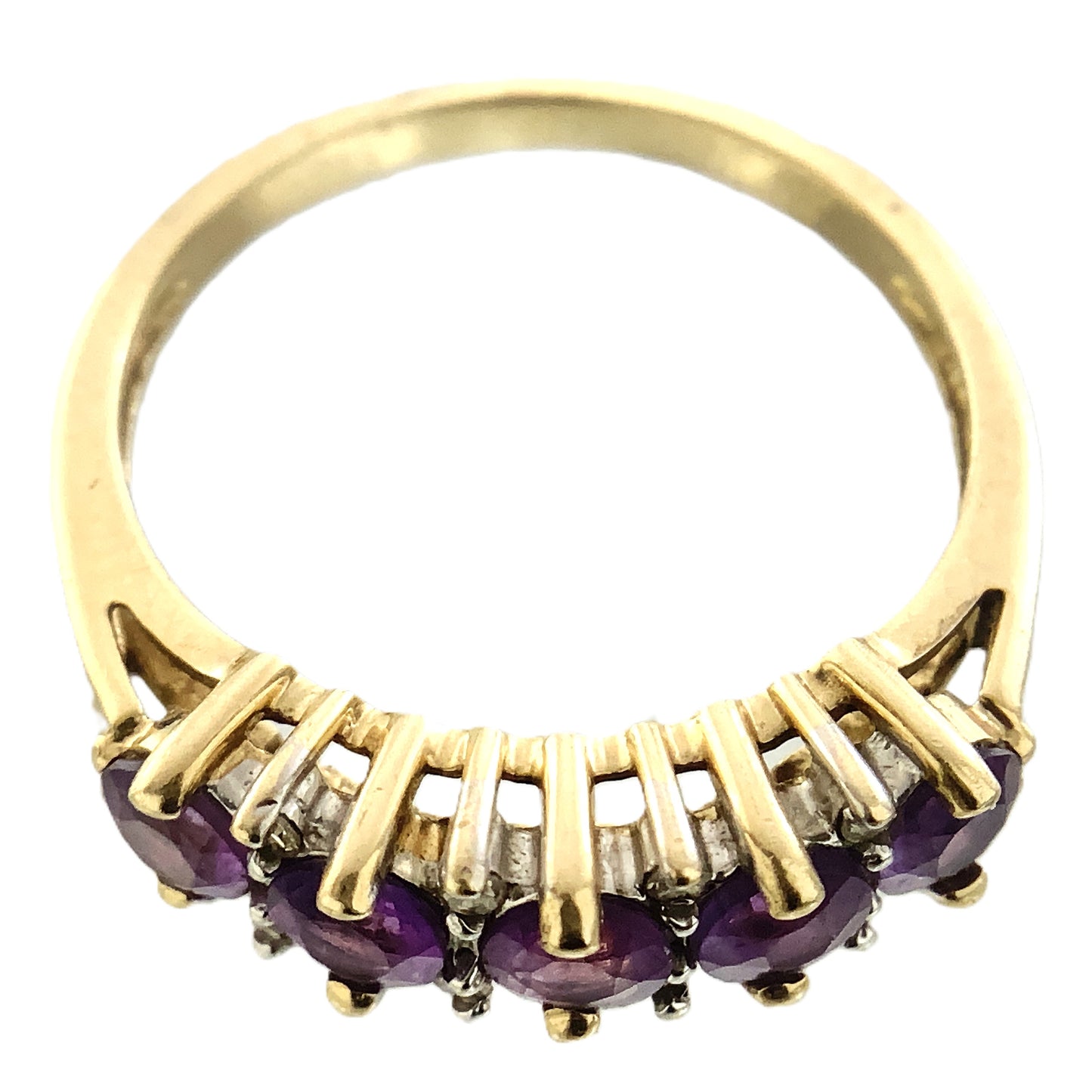 10K Yellow Gold 5 Stone Round Amethyst with Diamonds Accents .08 Total Carats Band Size 6.75 Ring AU415
