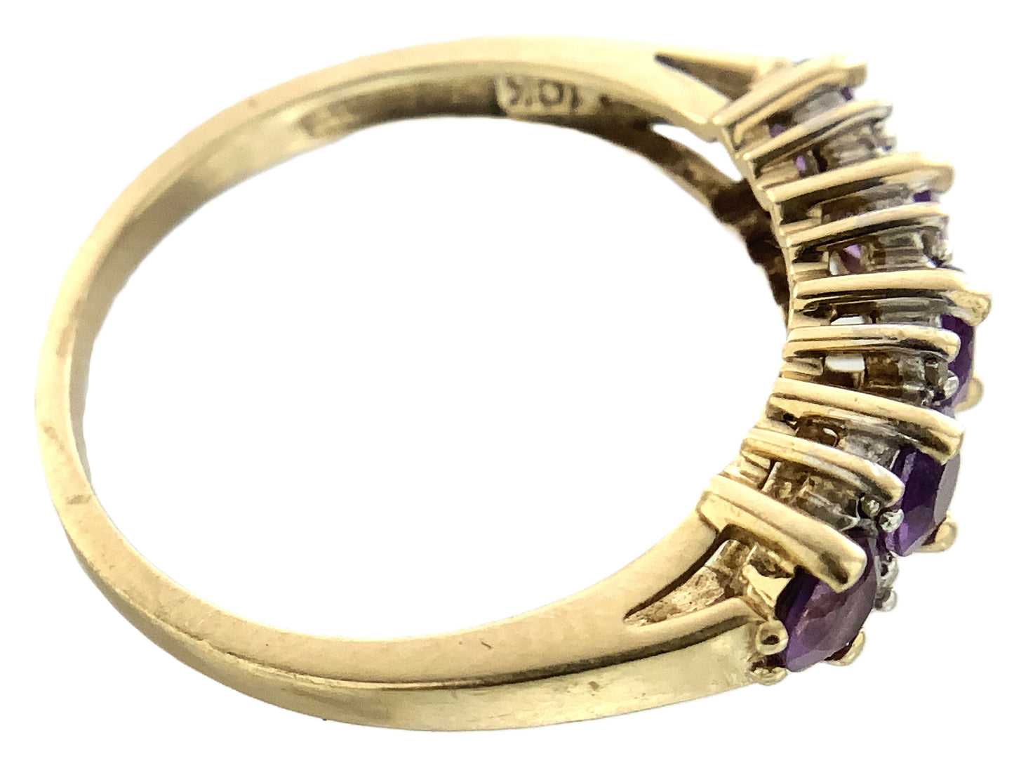 10K Yellow Gold 5 Stone Round Amethyst with Diamonds Accents .08 Total Carats Band Size 6.75 Ring AU415