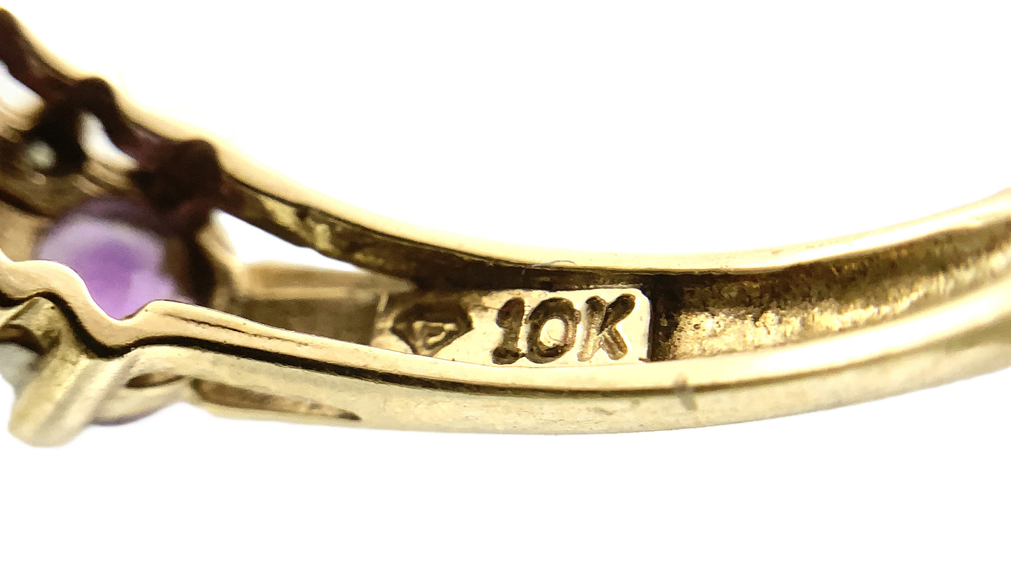 10K Yellow Gold 5 Stone Round Amethyst with Diamonds Accents .08 Total Carats Band Size 6.75 Ring AU415