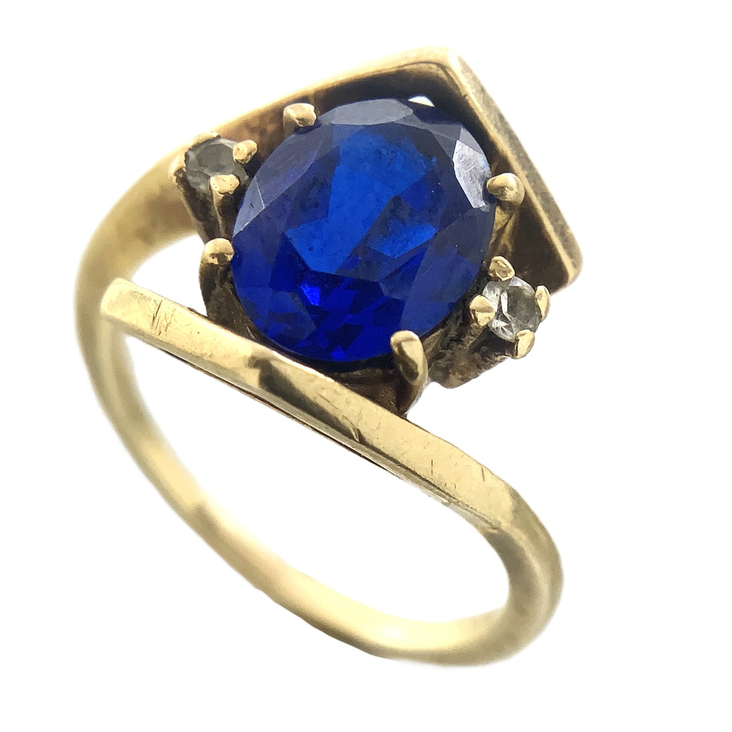 10K Yellow Gold Blue Oval Glass with Clear Glass Accents Band 6.5 Size Ring AU416