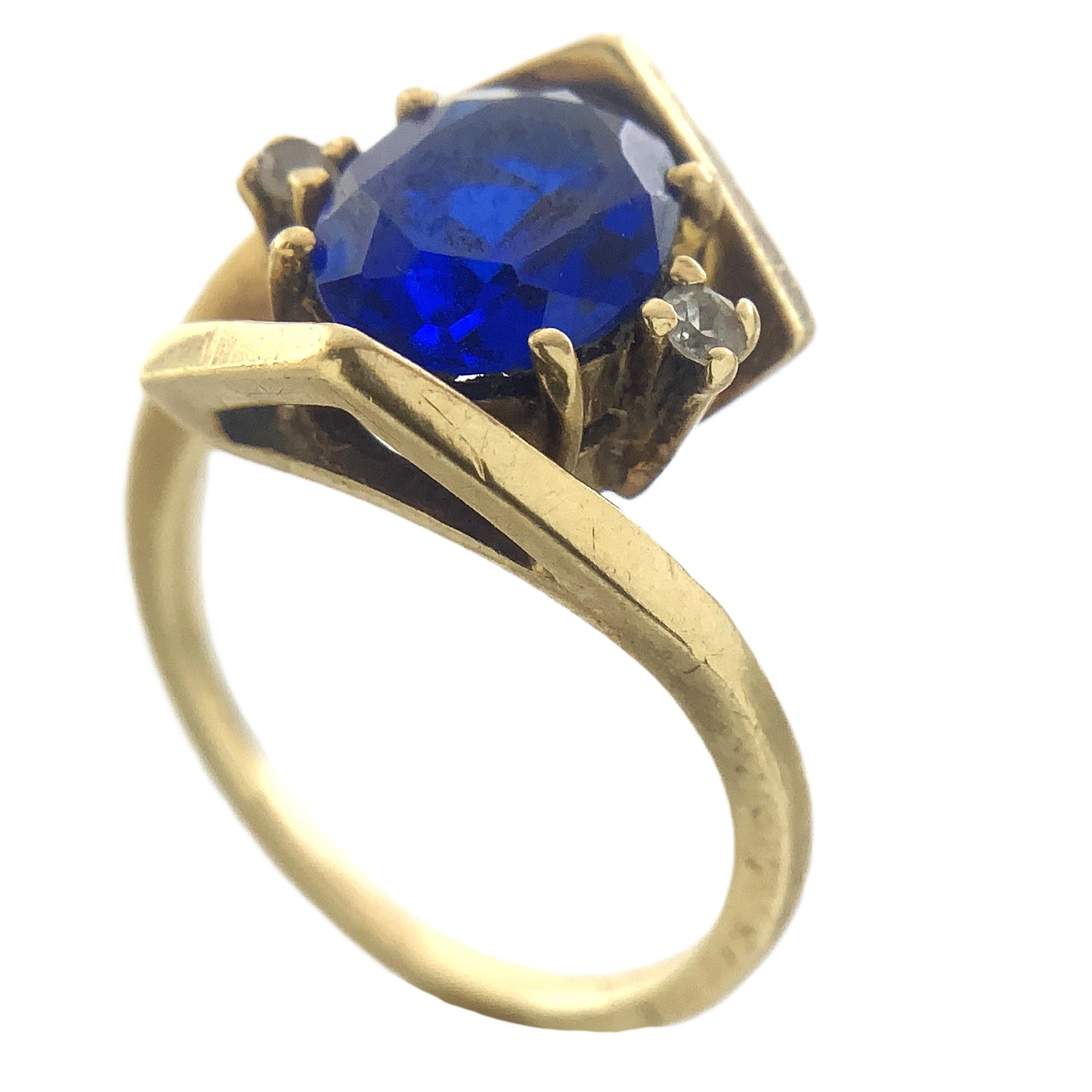 10K Yellow Gold Blue Oval Glass with Clear Glass Accents Band 6.5 Size Ring AU416