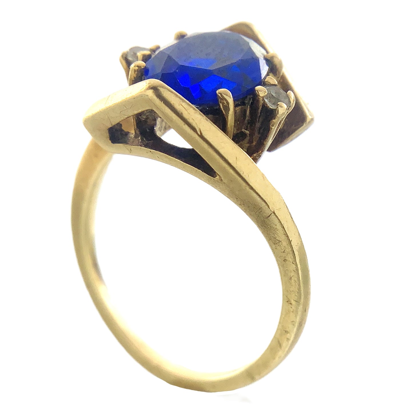 10K Yellow Gold Blue Oval Glass with Clear Glass Accents Band 6.5 Size Ring AU416