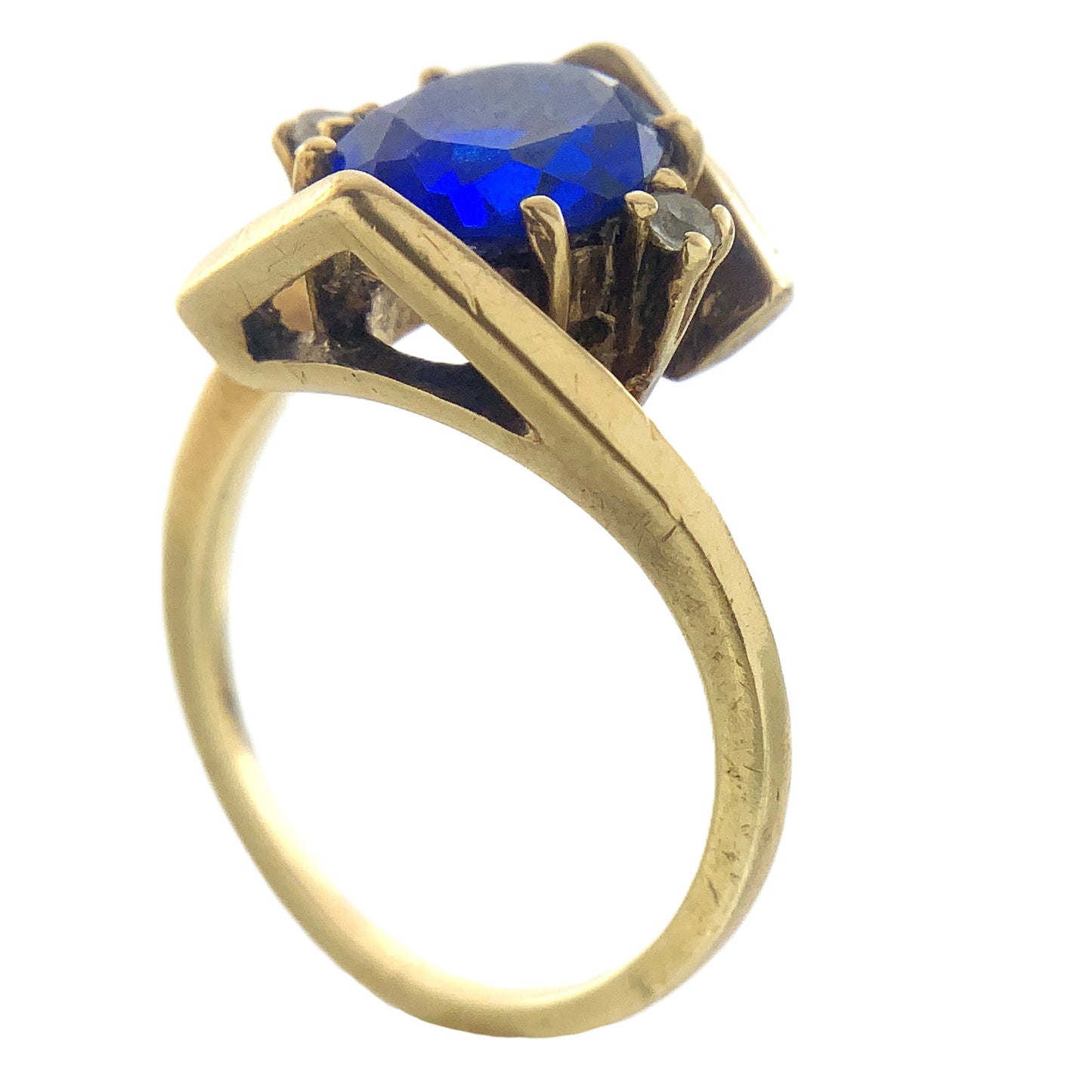 10K Yellow Gold Blue Oval Glass with Clear Glass Accents Band 6.5 Size Ring AU416