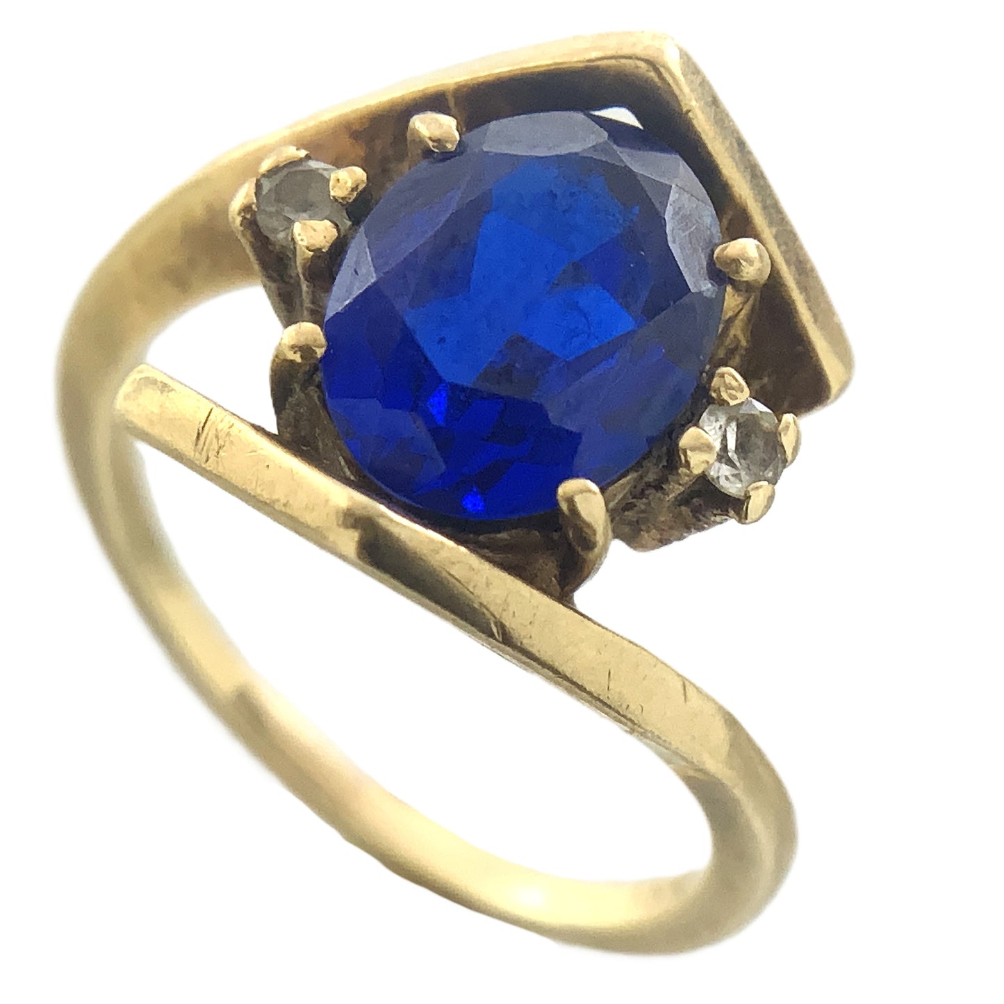 10K Yellow Gold Blue Oval Glass with Clear Glass Accents Band 6.5 Size Ring AU416