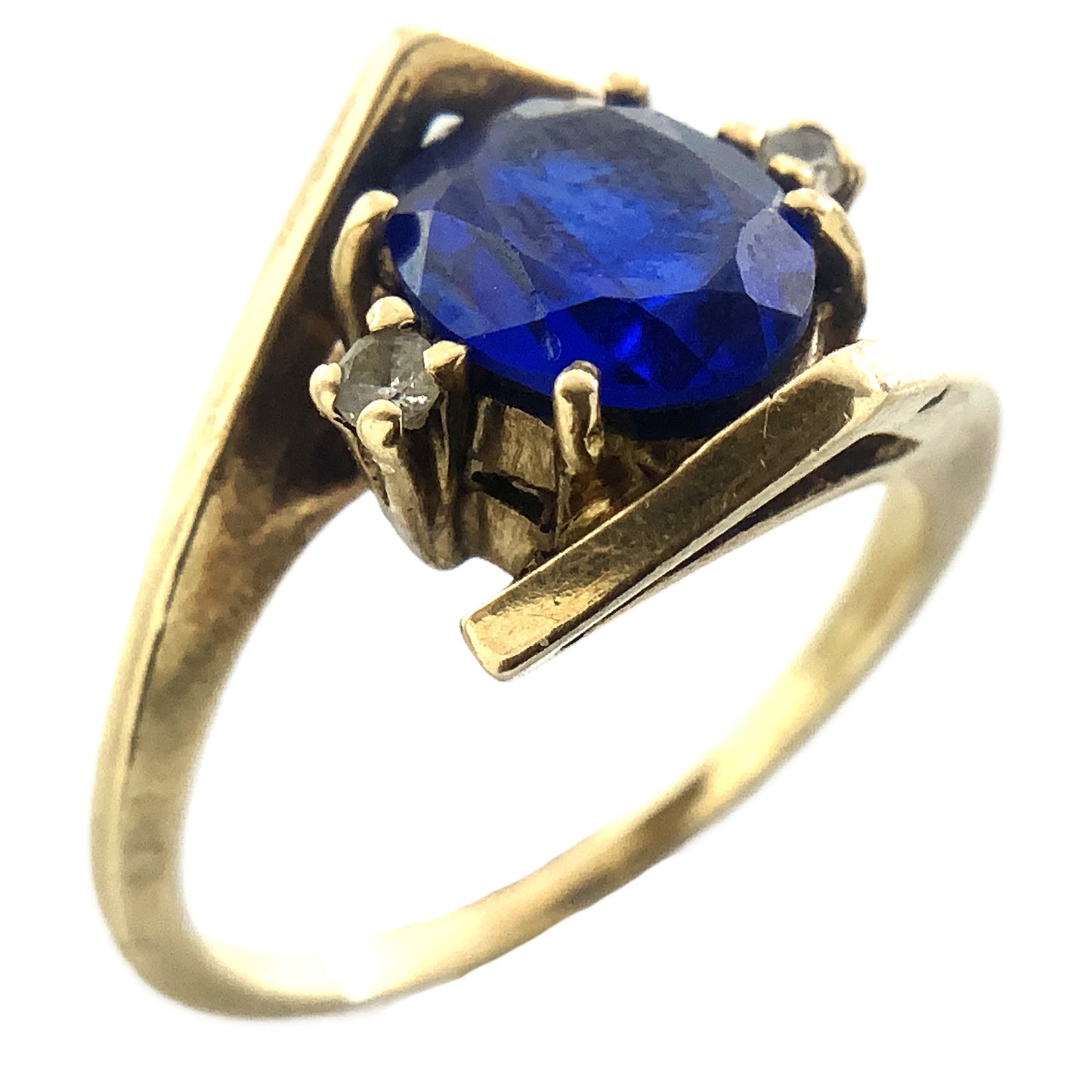 10K Yellow Gold Blue Oval Glass with Clear Glass Accents Band 6.5 Size Ring AU416