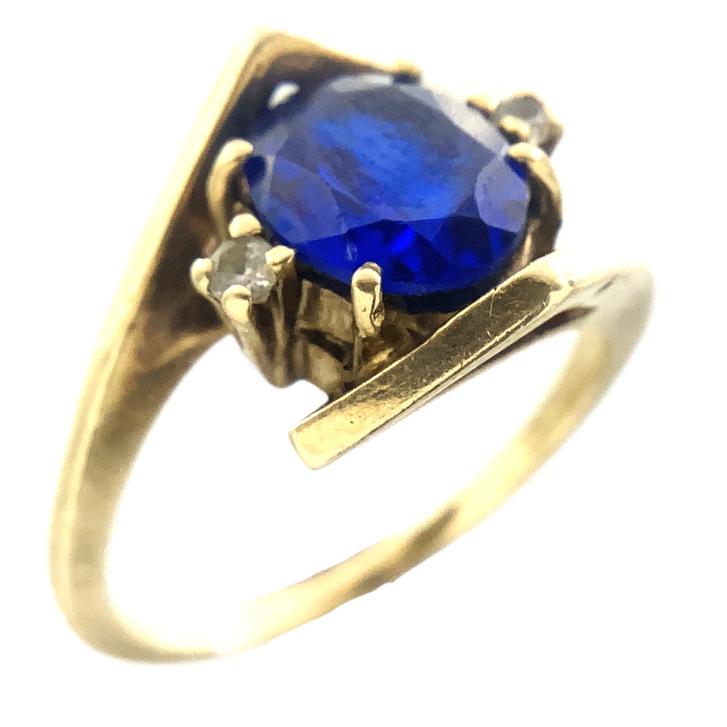 10K Yellow Gold Blue Oval Glass with Clear Glass Accents Band 6.5 Size Ring AU416