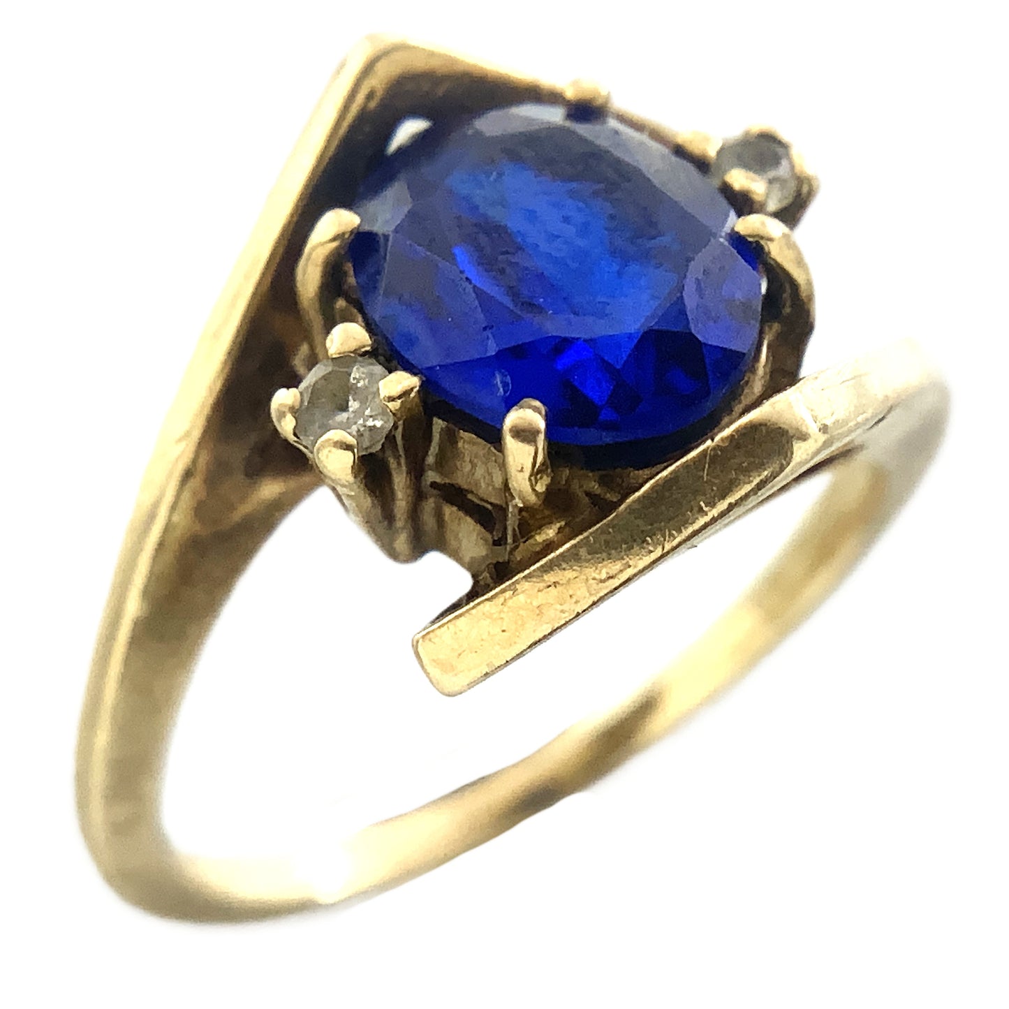 10K Yellow Gold Blue Oval Glass with Clear Glass Accents Band 6.5 Size Ring AU416
