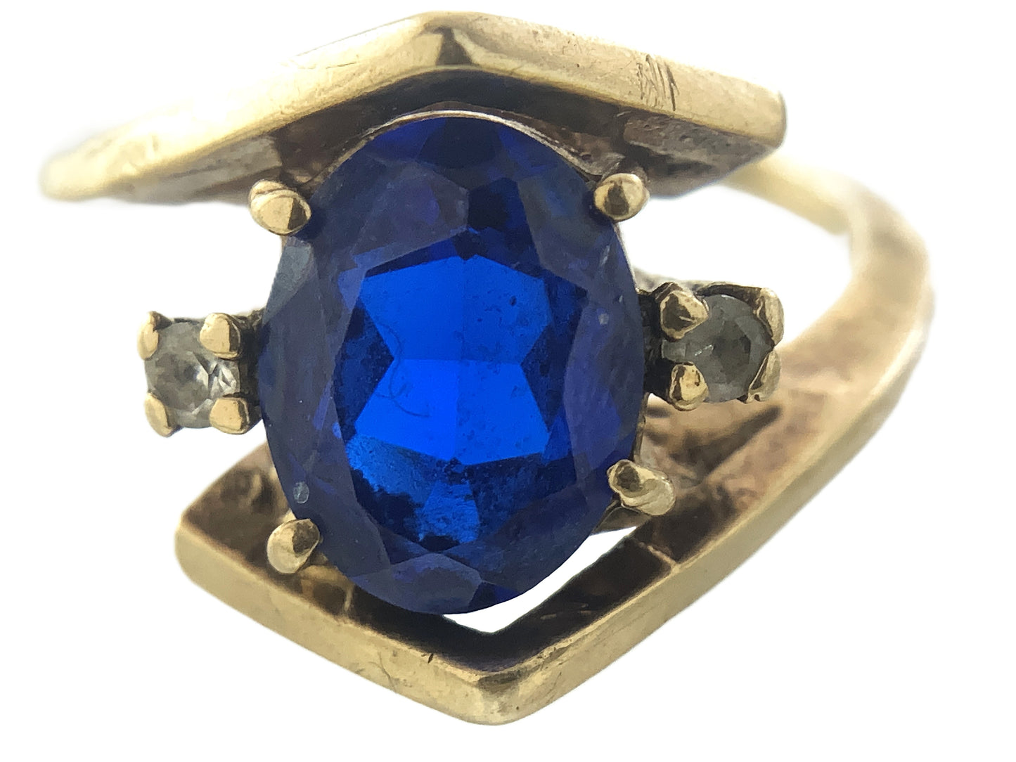 10K Yellow Gold Blue Oval Glass with Clear Glass Accents Band 6.5 Size Ring AU416