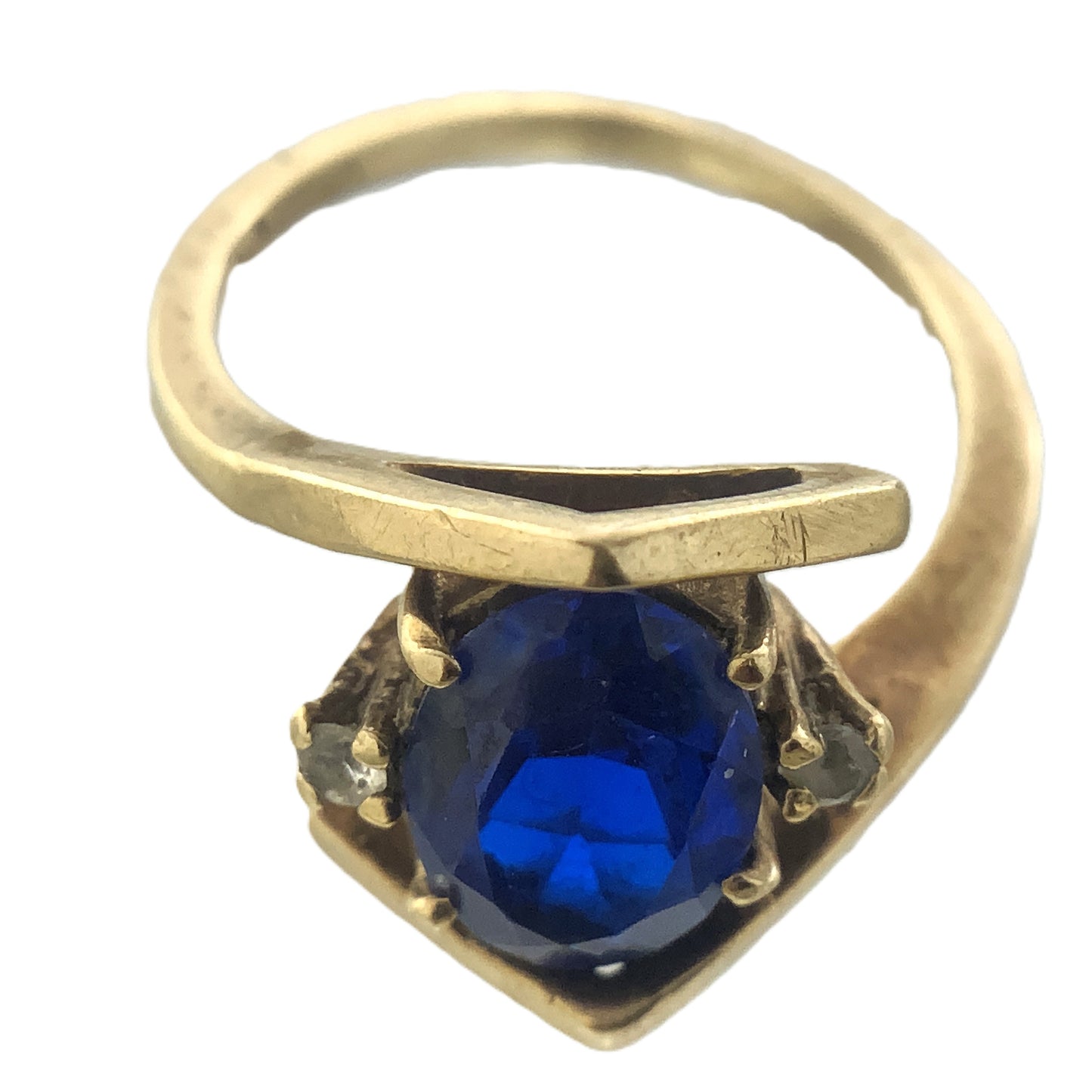 10K Yellow Gold Blue Oval Glass with Clear Glass Accents Band 6.5 Size Ring AU416