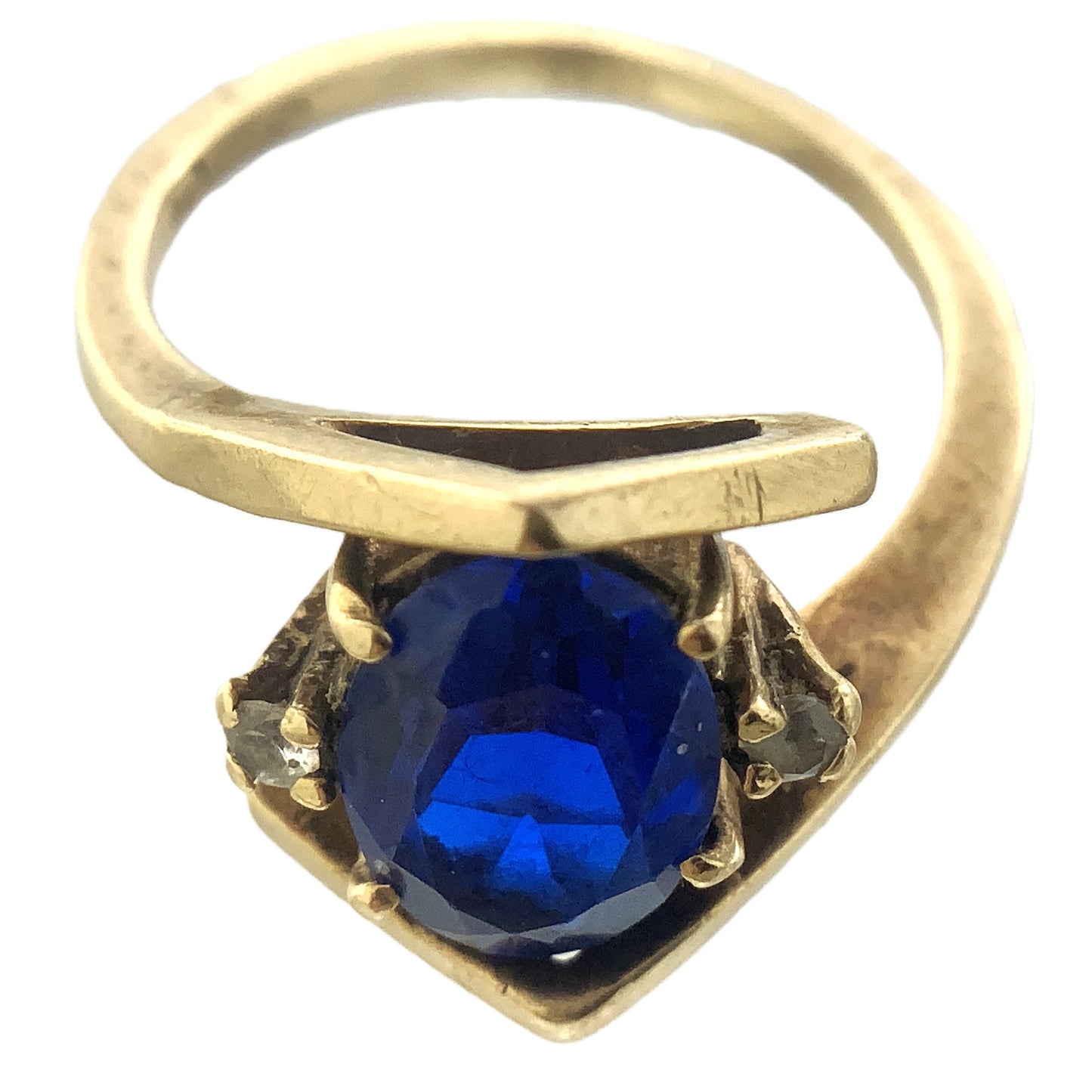 10K Yellow Gold Blue Oval Glass with Clear Glass Accents Band 6.5 Size Ring AU416