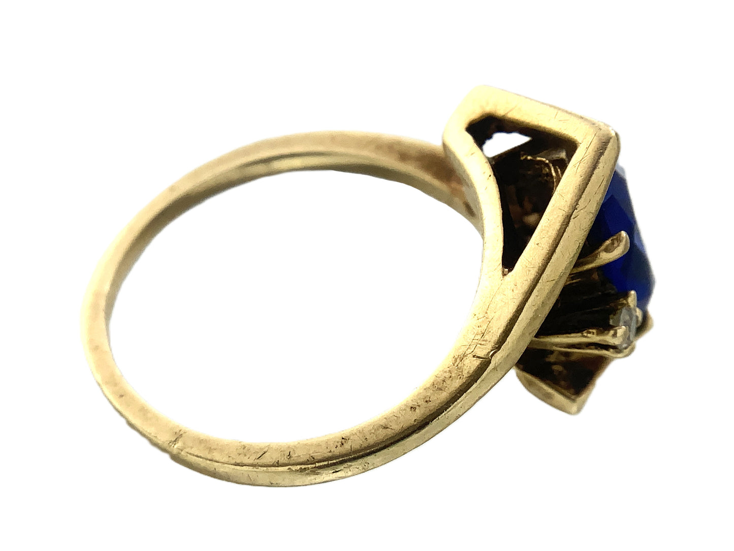 10K Yellow Gold Blue Oval Glass with Clear Glass Accents Band 6.5 Size Ring AU416