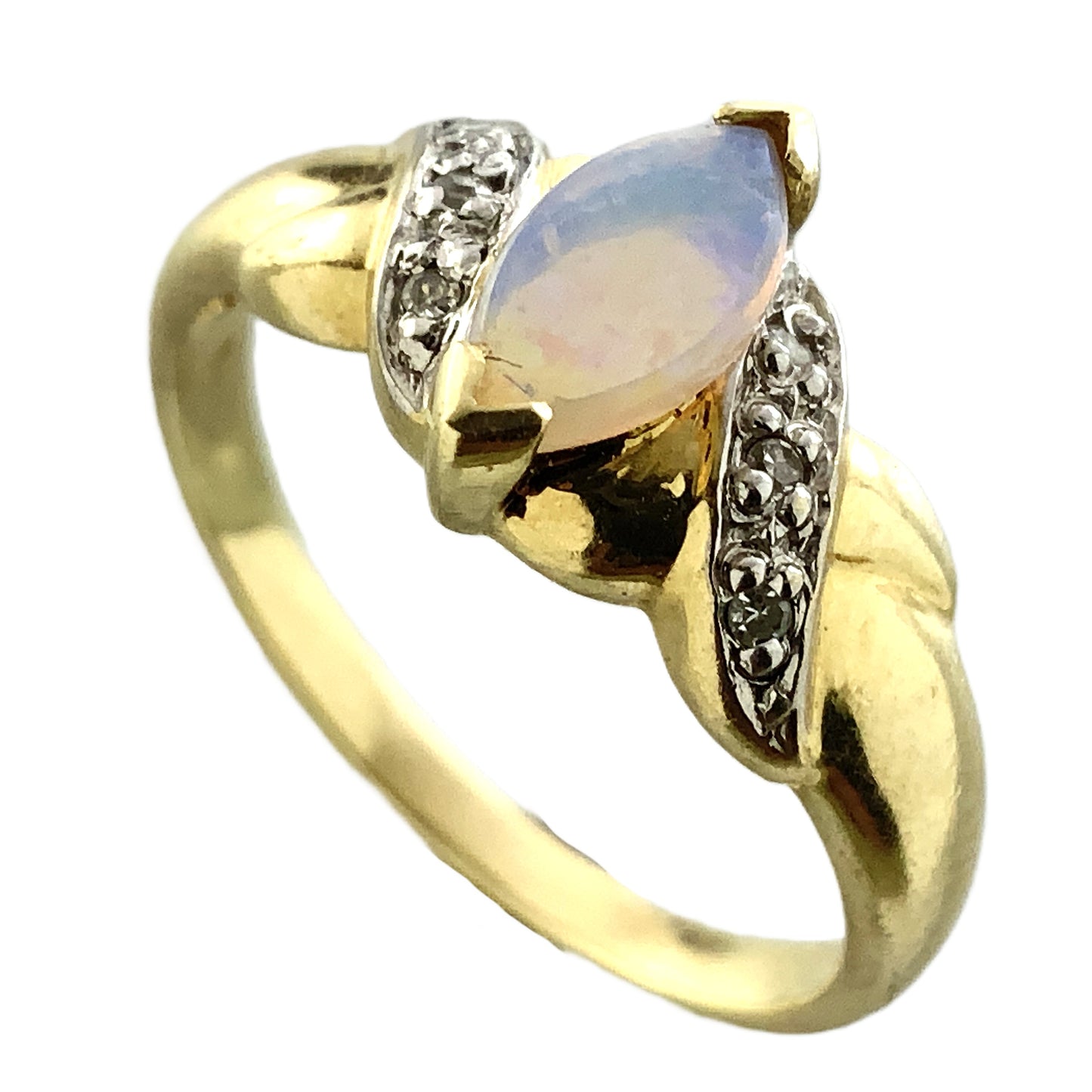 10K Yellow Gold Marquise Cut Opal with Diamond Twisted Bypass Accents .06 Total Carats Size 6 Ring AU418
