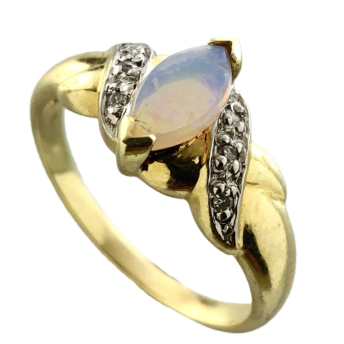 10K Yellow Gold Marquise Cut Opal with Diamond Twisted Bypass Accents .06 Total Carats Size 6 Ring AU418