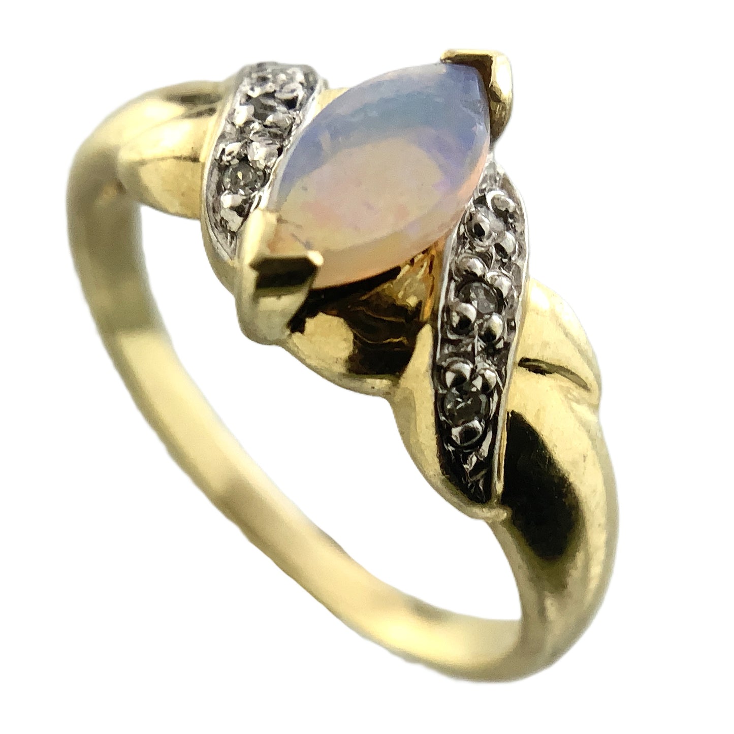 10K Yellow Gold Marquise Cut Opal with Diamond Twisted Bypass Accents .06 Total Carats Size 6 Ring AU418