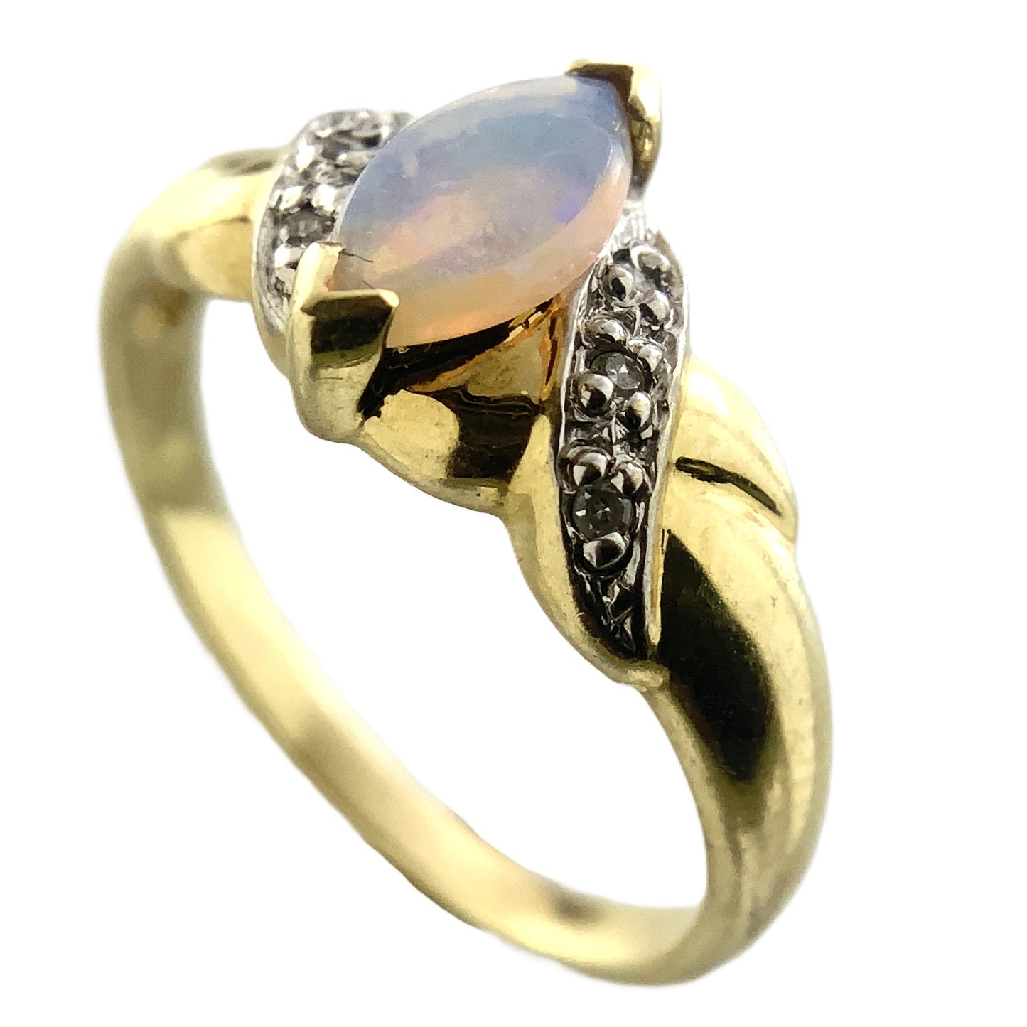 10K Yellow Gold Marquise Cut Opal with Diamond Twisted Bypass Accents .06 Total Carats Size 6 Ring AU418