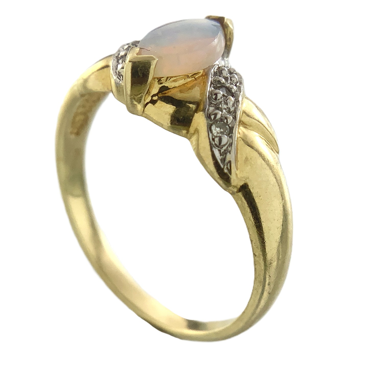 10K Yellow Gold Marquise Cut Opal with Diamond Twisted Bypass Accents .06 Total Carats Size 6 Ring AU418