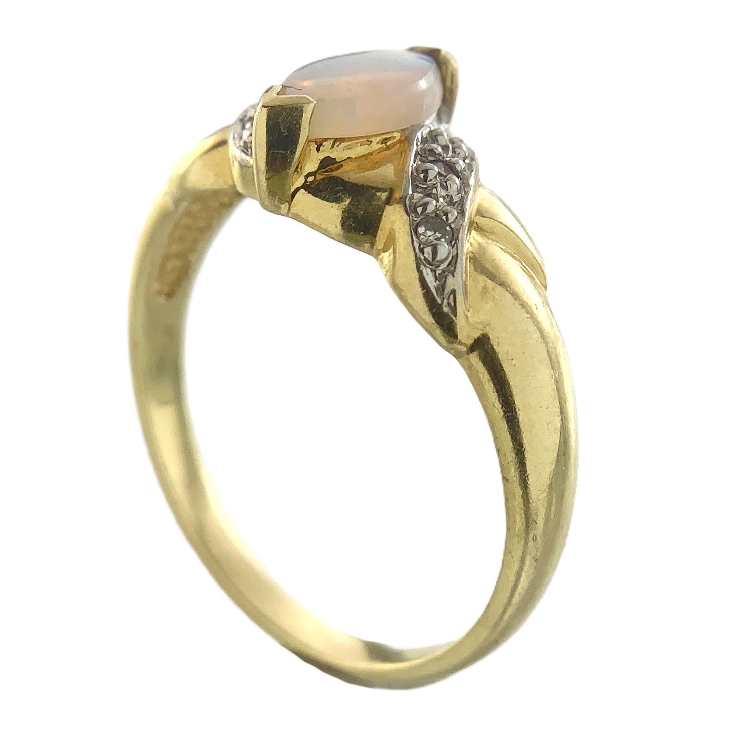10K Yellow Gold Marquise Cut Opal with Diamond Twisted Bypass Accents .06 Total Carats Size 6 Ring AU418
