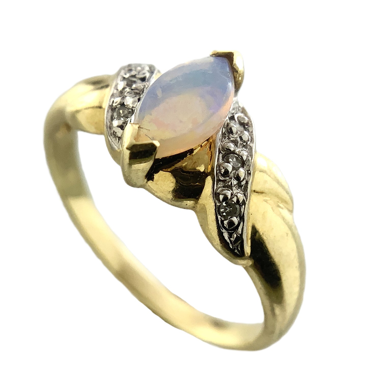 10K Yellow Gold Marquise Cut Opal with Diamond Twisted Bypass Accents .06 Total Carats Size 6 Ring AU418
