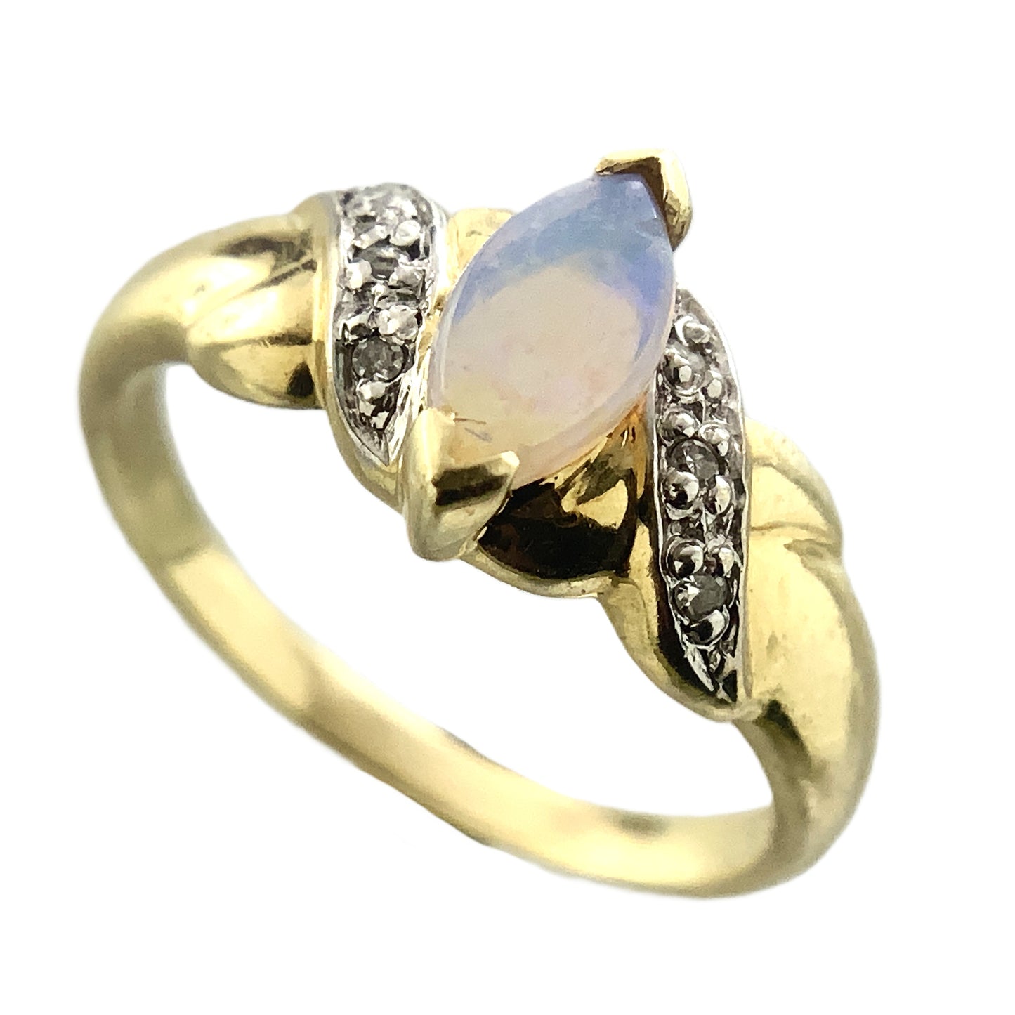 10K Yellow Gold Marquise Cut Opal with Diamond Twisted Bypass Accents .06 Total Carats Size 6 Ring AU418